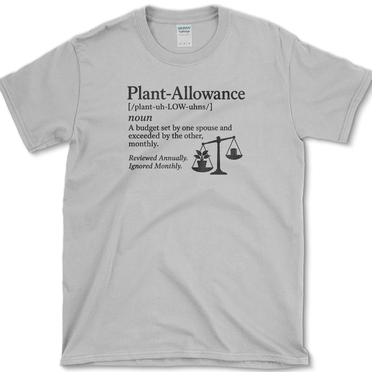 Plant Allowance dictionary definition with potted plants balanced on scales on a T-shirt