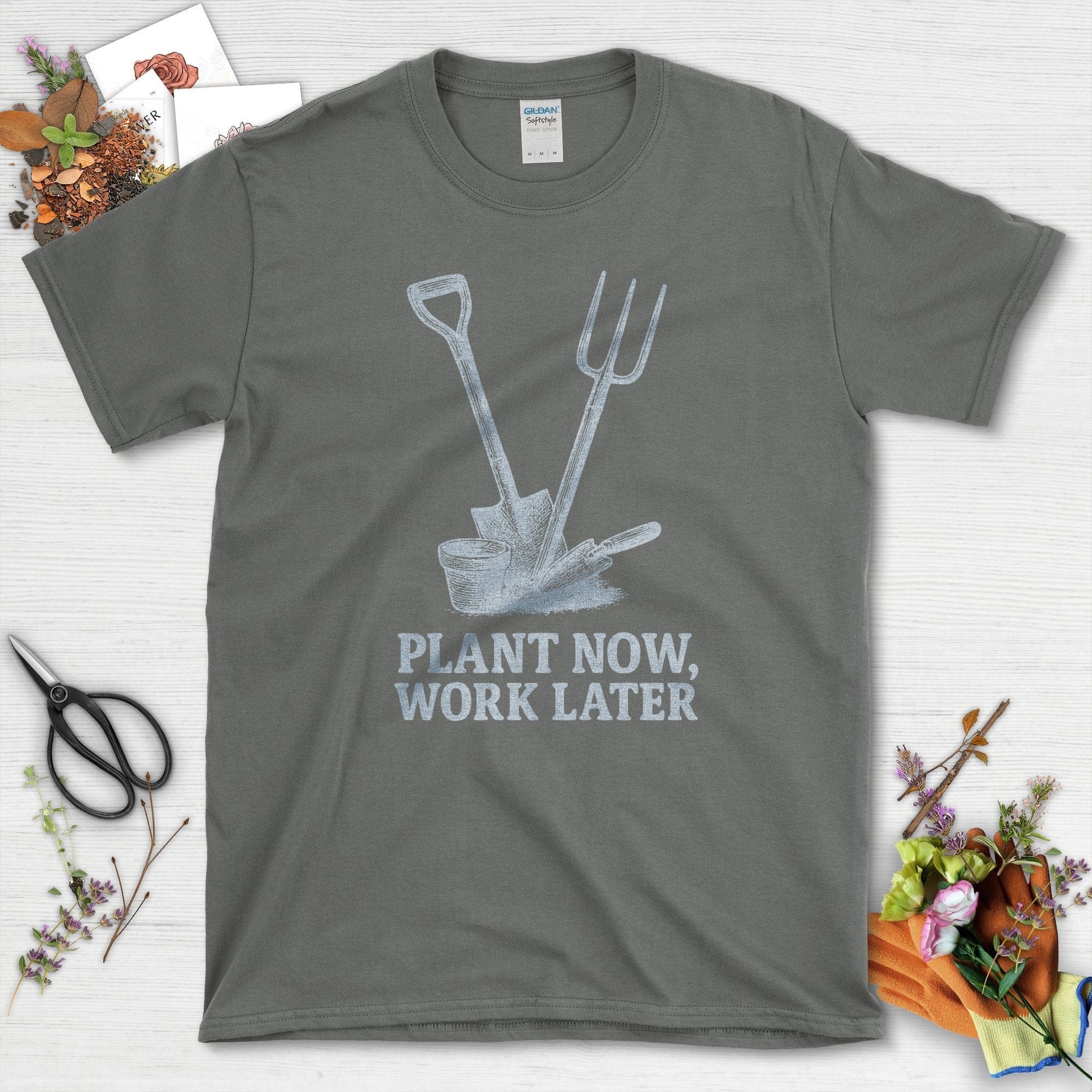 Plant Now Work Later T-Shirt Charcoal / S Physical Item