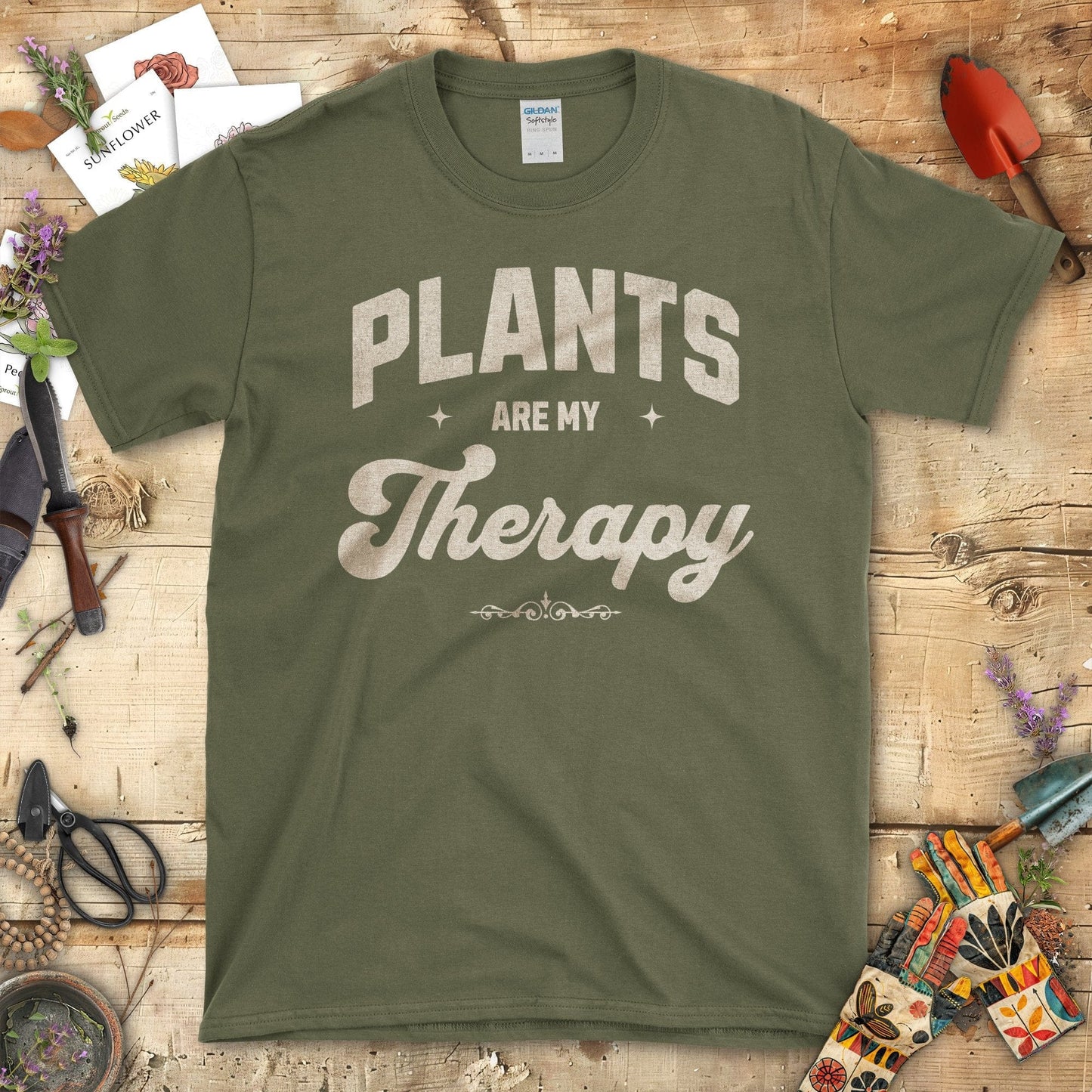 Plants Are My Therapy Graphic Print T-Shirt Military Green / S T-Shirt