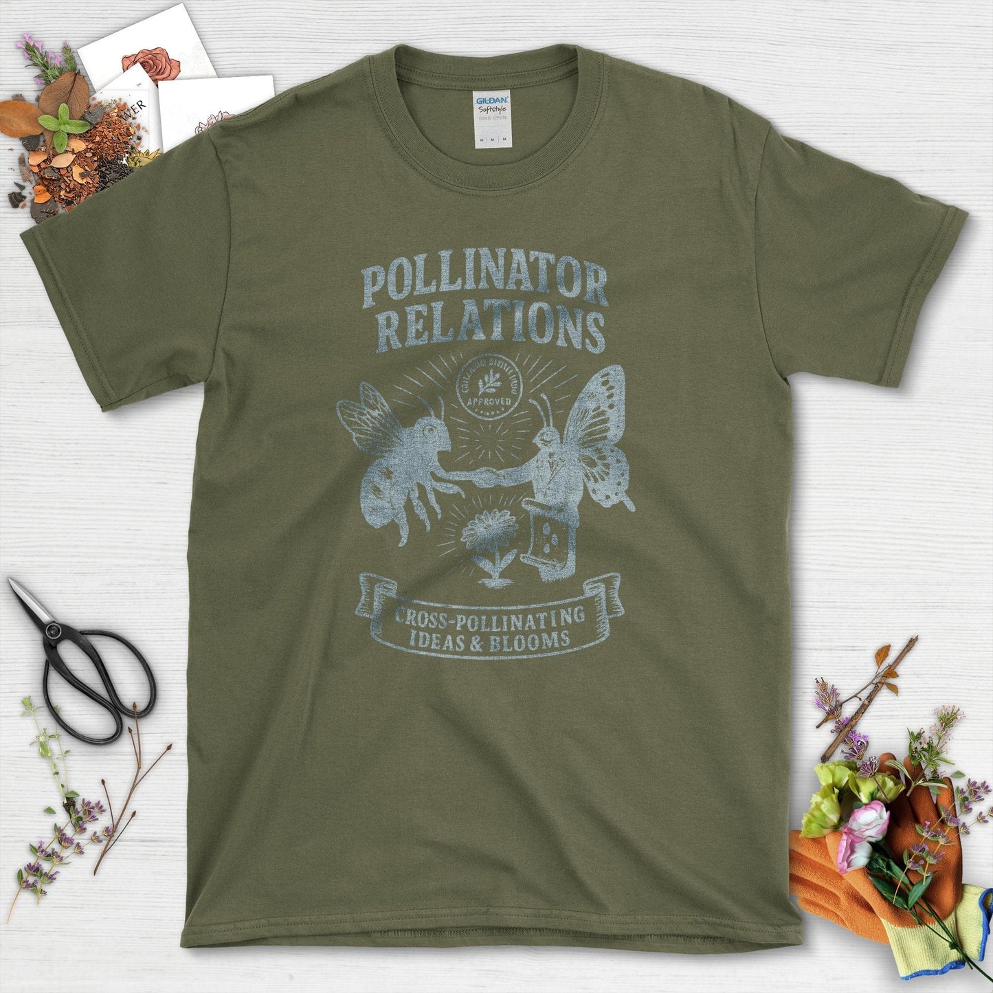 Pollinator Relations Cross-Pollinating T-Shirt Military Green / S Physical Item
