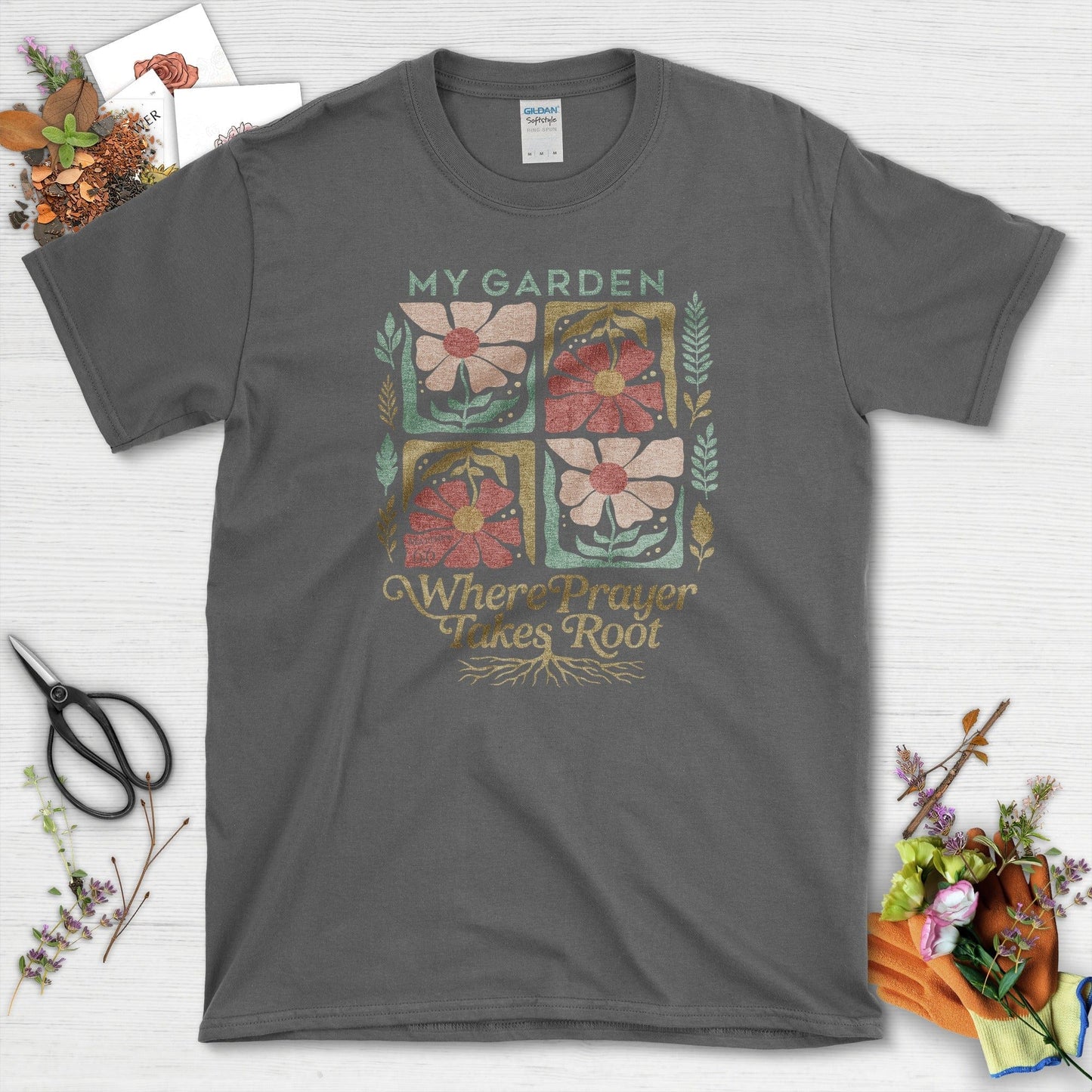 Prayer Takes Root T-Shirt Essential Tees / S / Dark Heather Physical Item