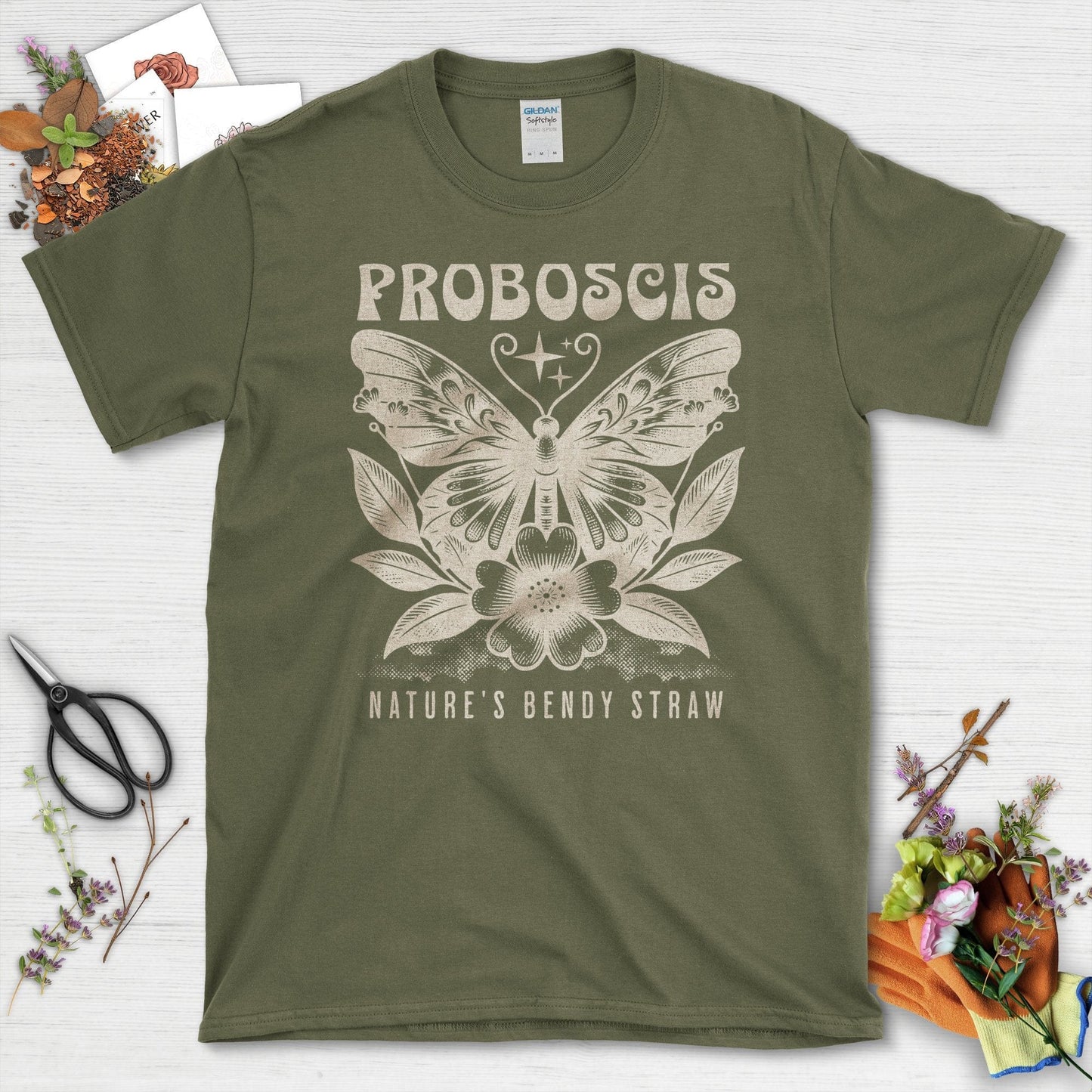 Proboscis Nature's Bendy Straw Garden-Inspired T-Shirts Military Green / S T-Shirt