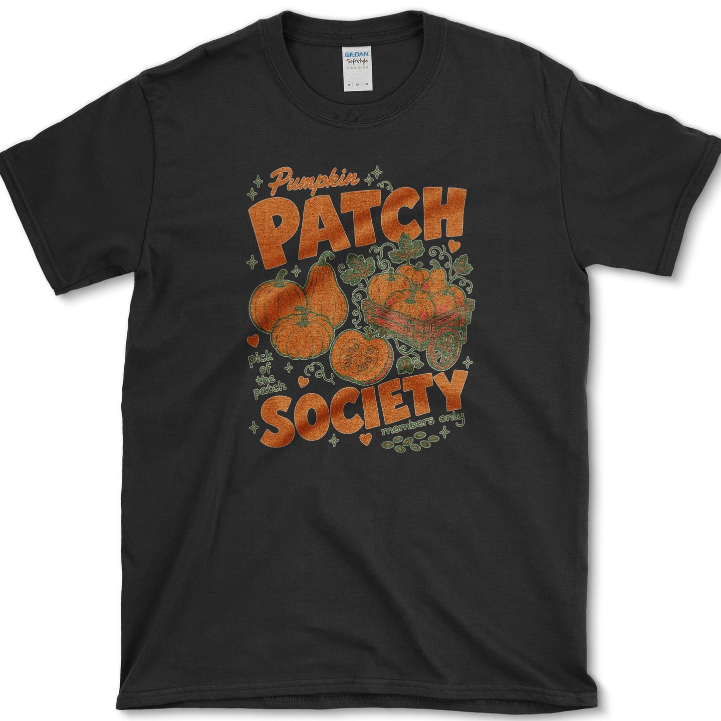 Pumpkin Patch Society artwork featuring pumpkin and pumpkin patch and garden cart on a t-shirt