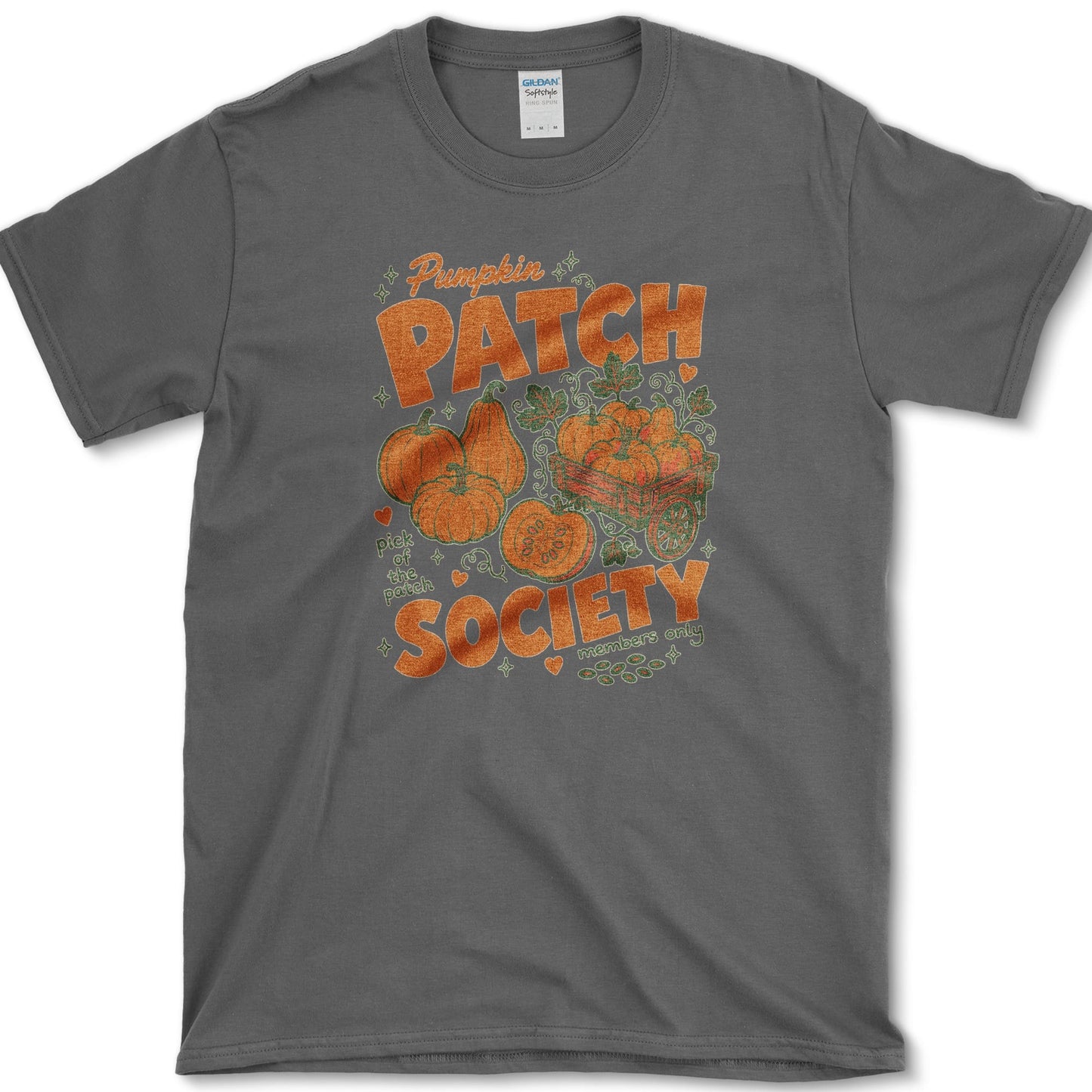 Pumpkin Patch Society artwork featuring pumpkin and pumpkin patch and garden cart on a t-shirt