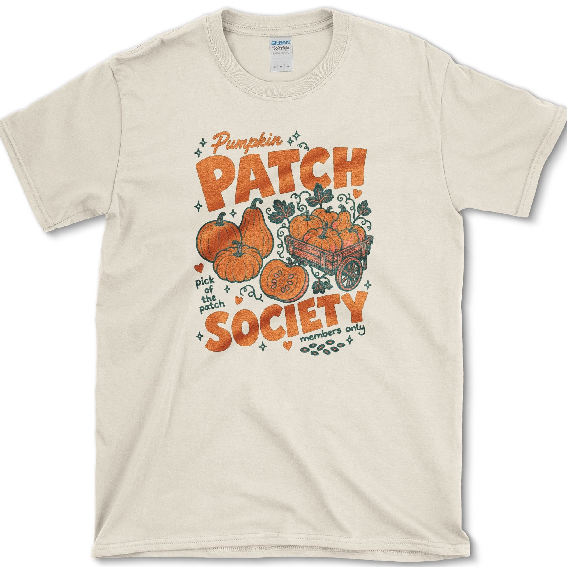Pumpkin Patch Society artwork featuring pumpkin and pumpkin patch and garden cart on a t-shirt