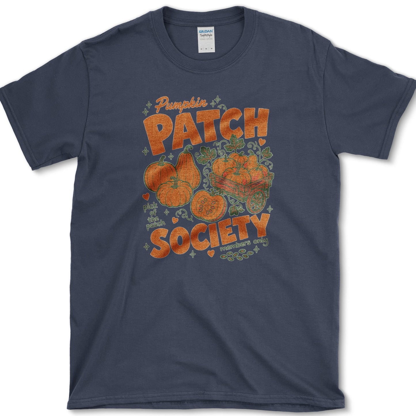 Pumpkin Patch Society artwork featuring pumpkin and pumpkin patch and garden cart on a t-shirt