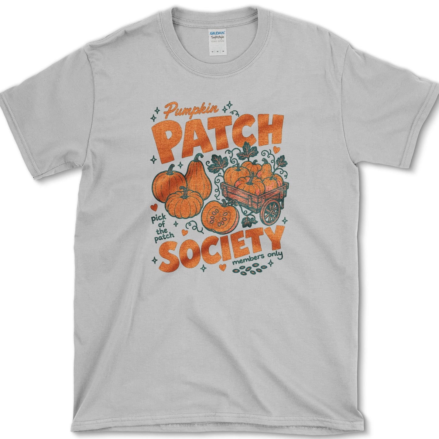 Pumpkin Patch Society artwork featuring pumpkin and pumpkin patch and garden cart on a t-shirt