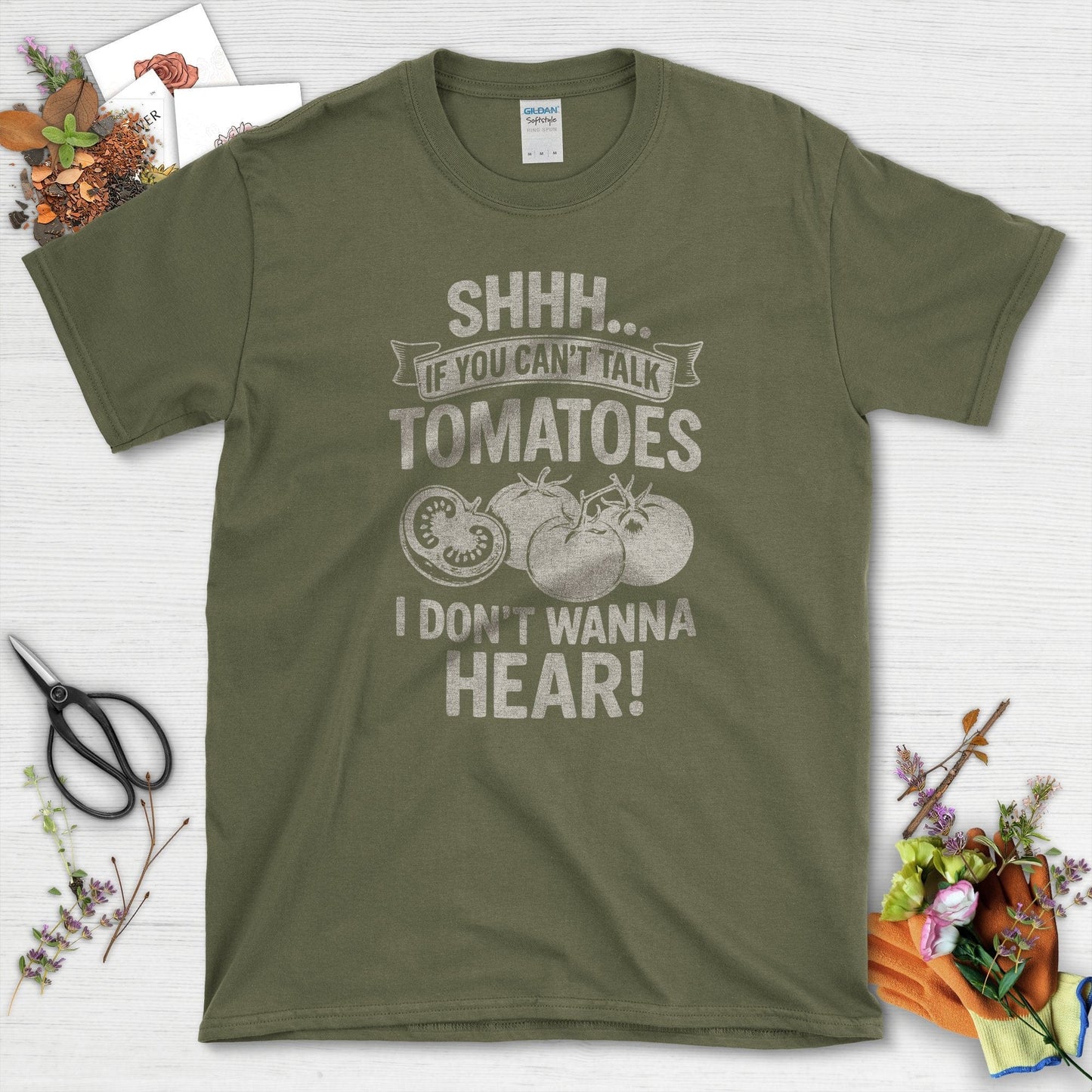 Quiet Tomatoes Humor T-Shirt Military Green / S Physical Item