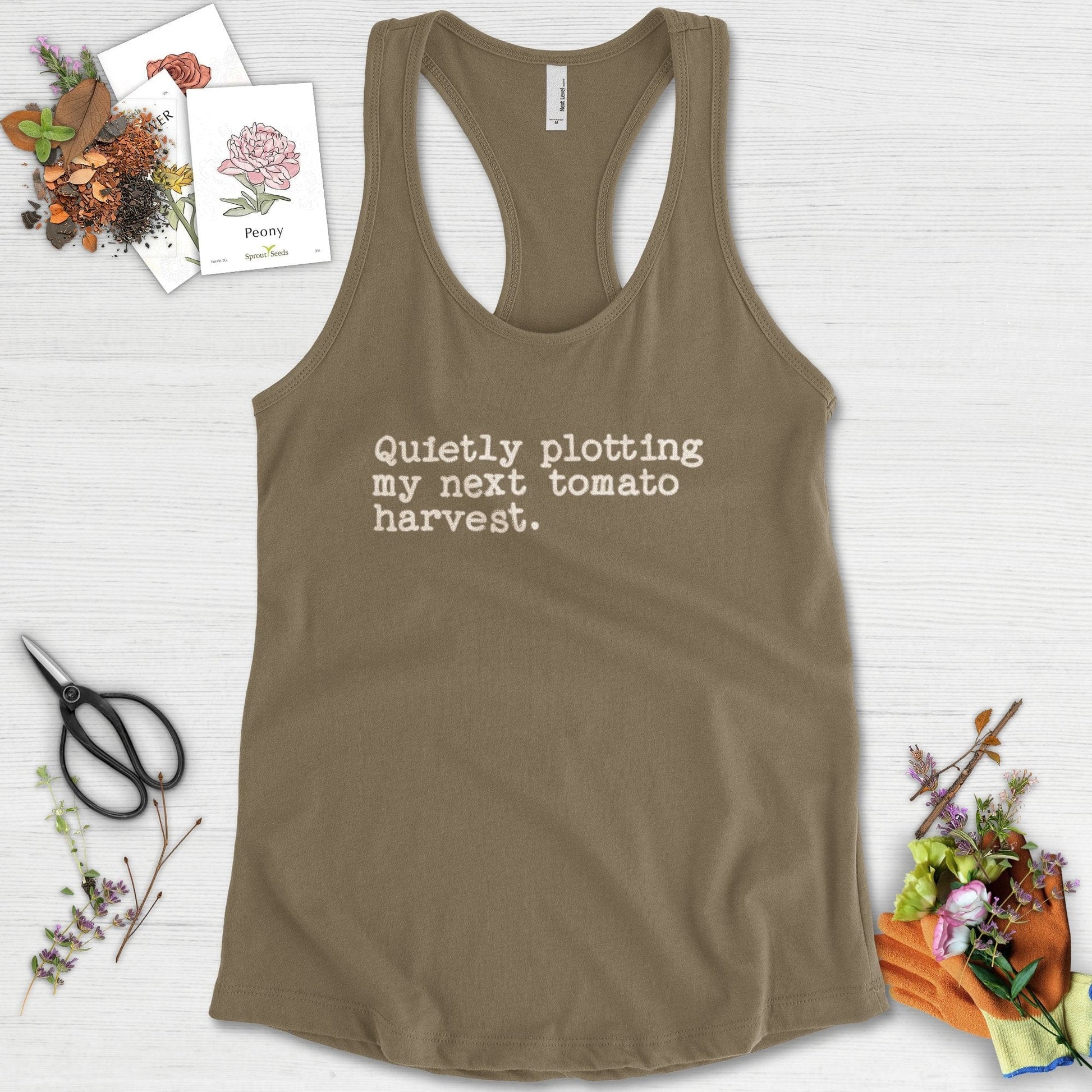 Quietly Plotting Tomato Harvest Racerback Racerback / XS / Military Green Physical Item