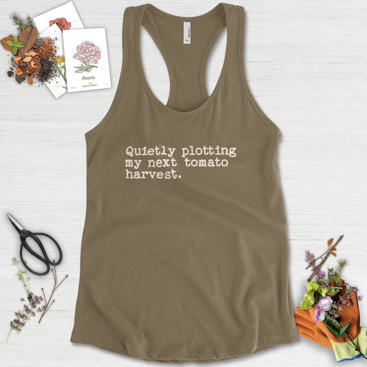 Quietly Plotting Tomato Harvest Racerback Racerback / XS / Military Green Physical Item