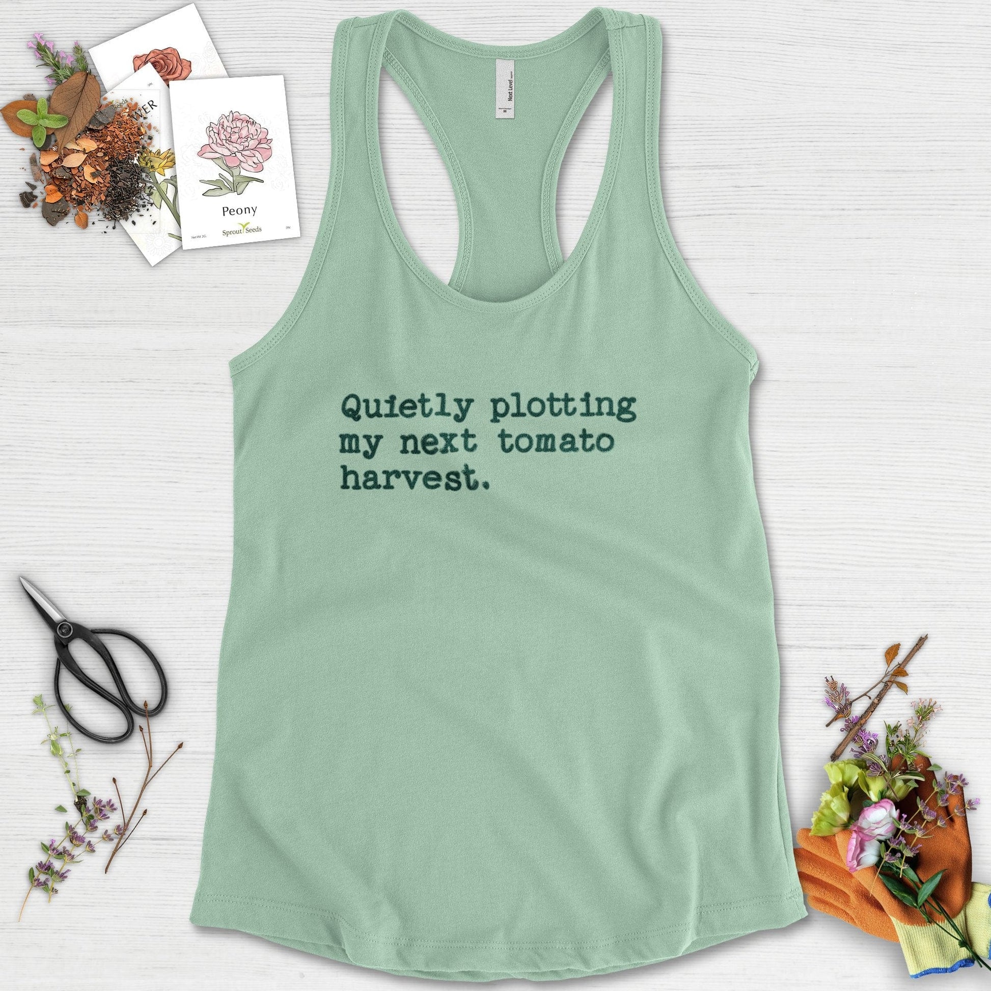 Quietly Plotting Tomato Harvest Racerback Racerback / XS / Mint Physical Item