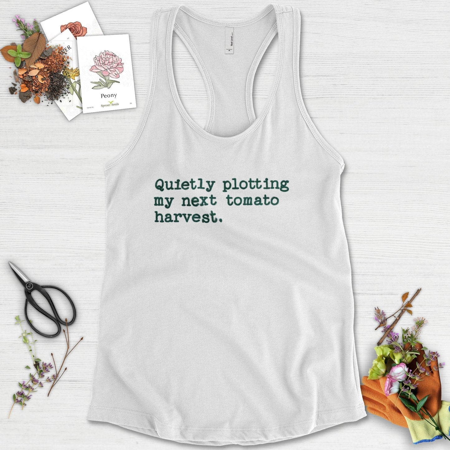 Quietly Plotting Tomato Harvest Racerback Racerback / XS / White Physical Item