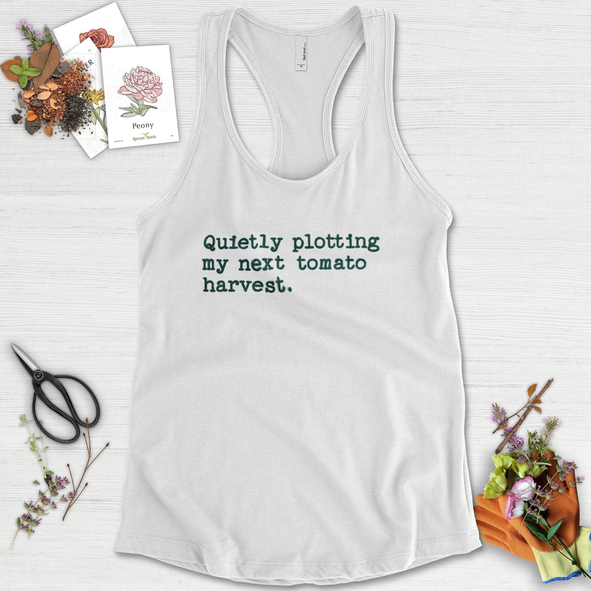 Quietly Plotting Tomato Harvest Racerback Racerback / XS / White Physical Item