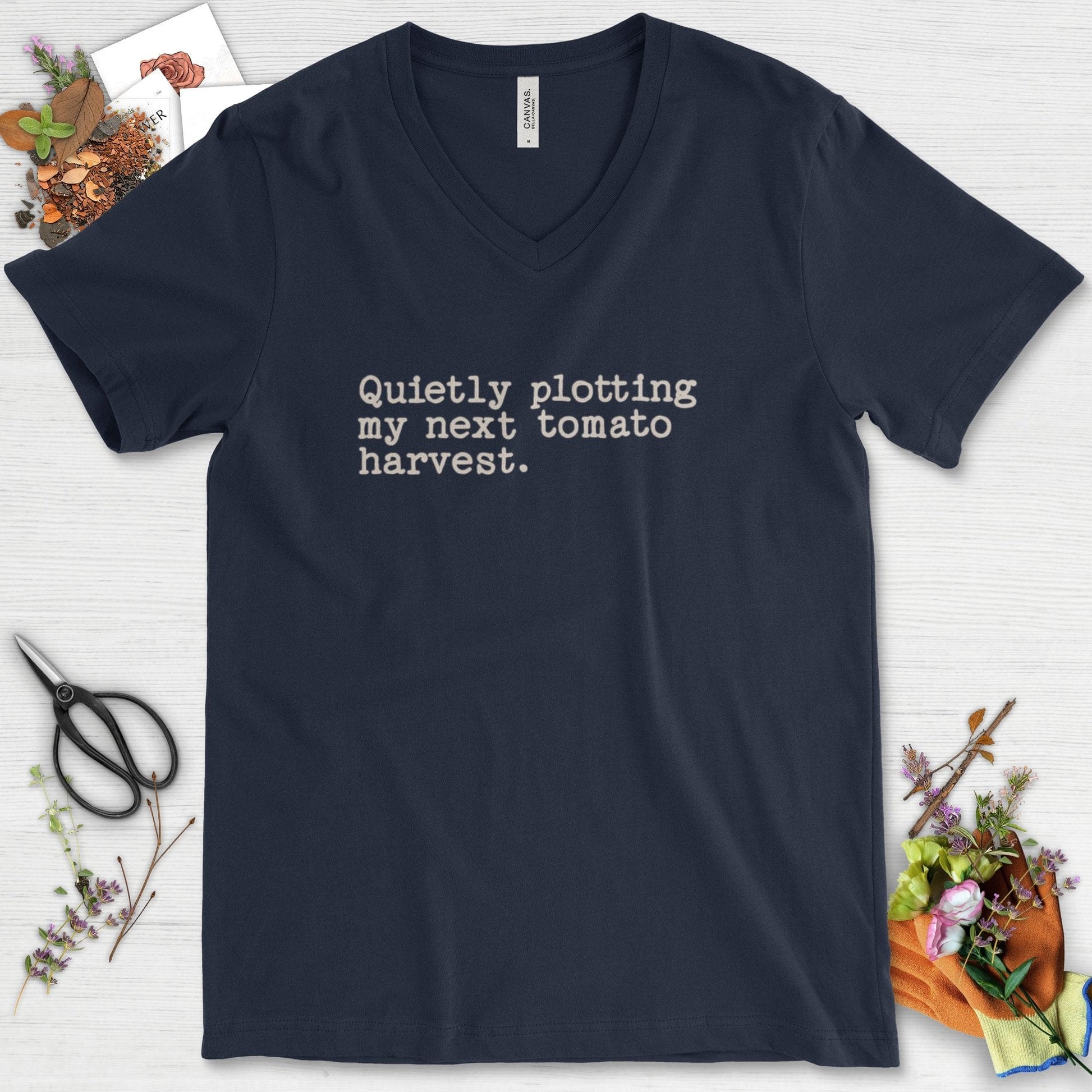 Quietly Plotting Tomato Harvest V-Neck Navy / S T-Shirt
