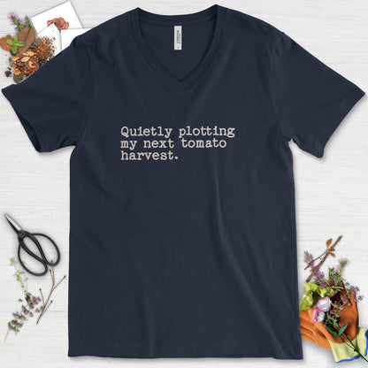 Quietly Plotting Tomato Harvest V-Neck Navy / S T-Shirt