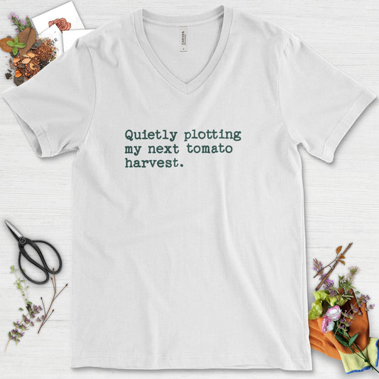 Quietly Plotting Tomato Harvest V-Neck White / S T-Shirt