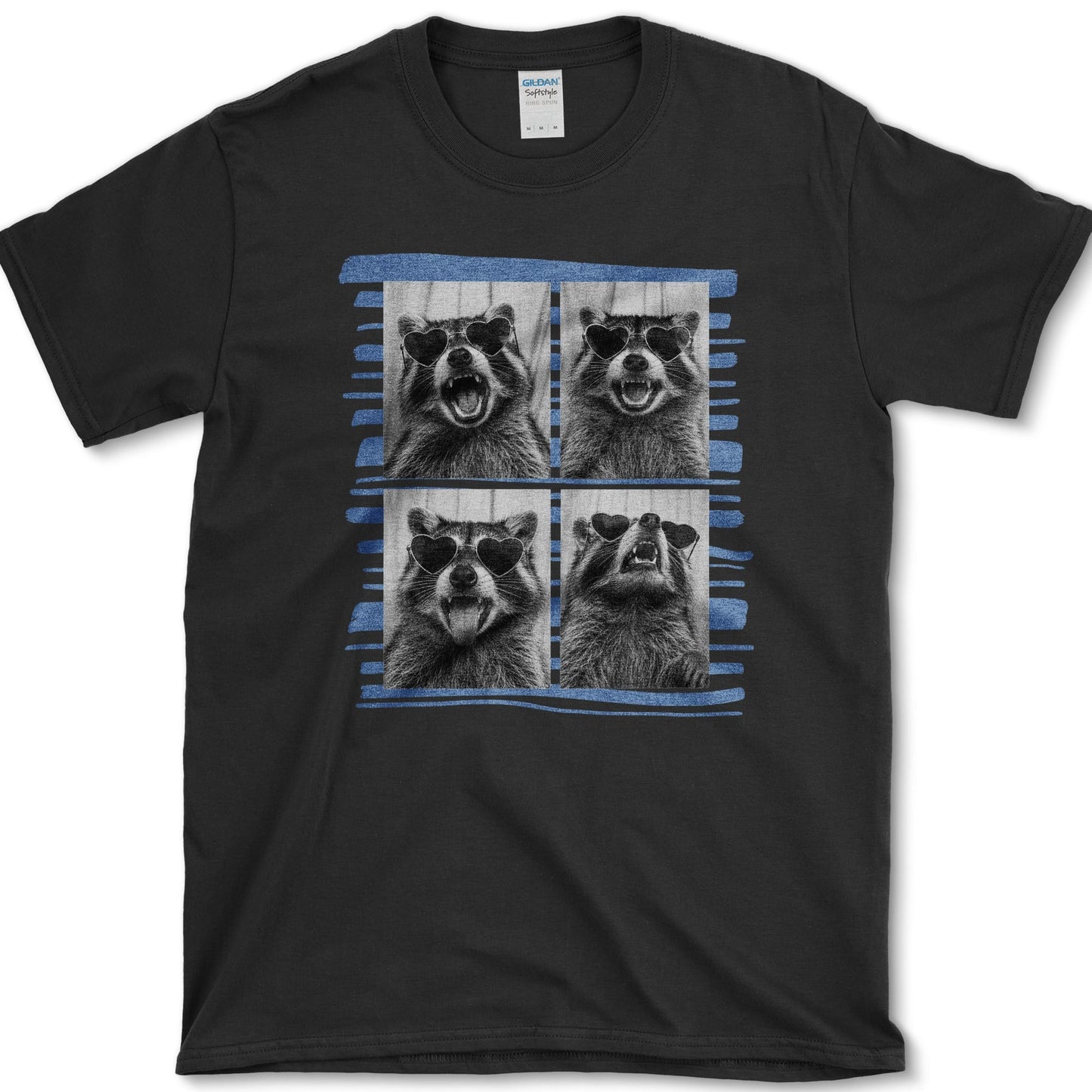 Raccoon artwork featuring raccoon photo booth and raccoon and backyard wildlife on a t-shirt