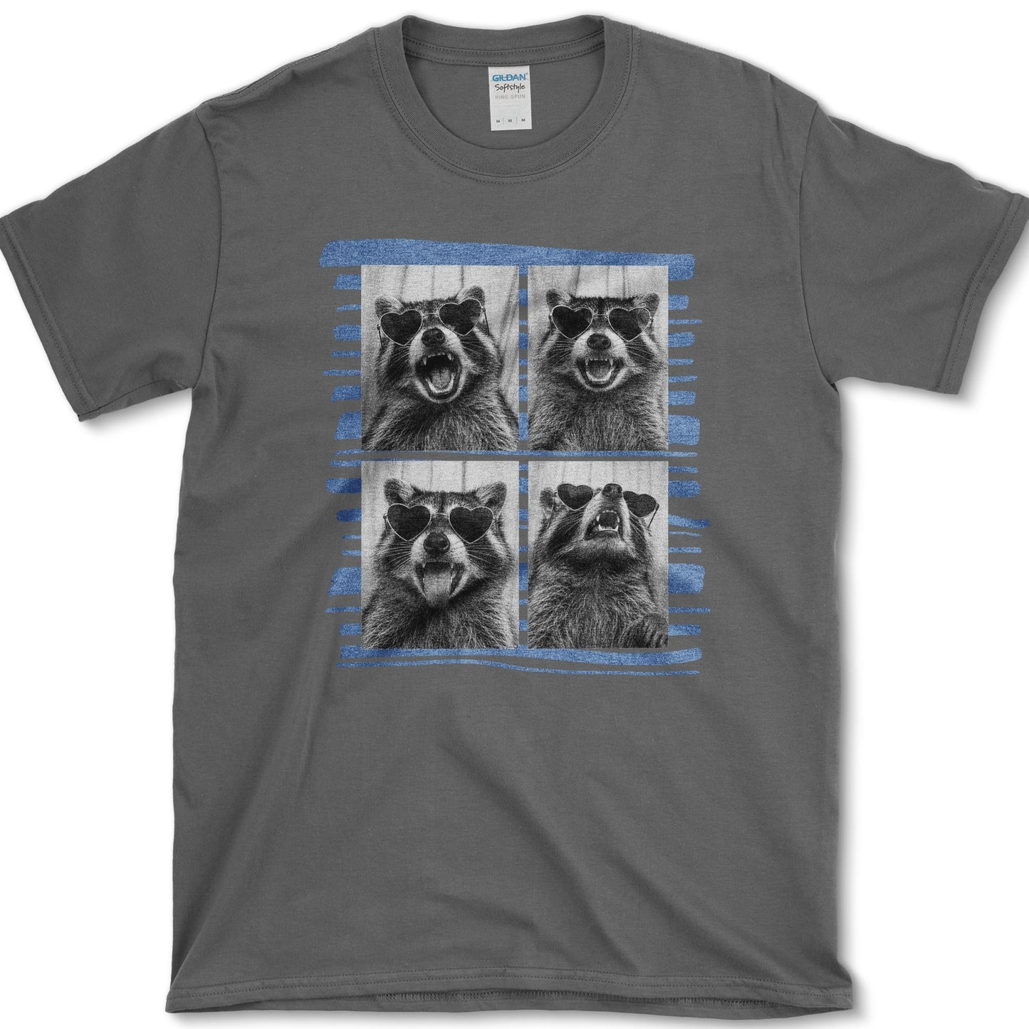 Raccoon artwork featuring raccoon photo booth and raccoon and backyard wildlife on a t-shirt