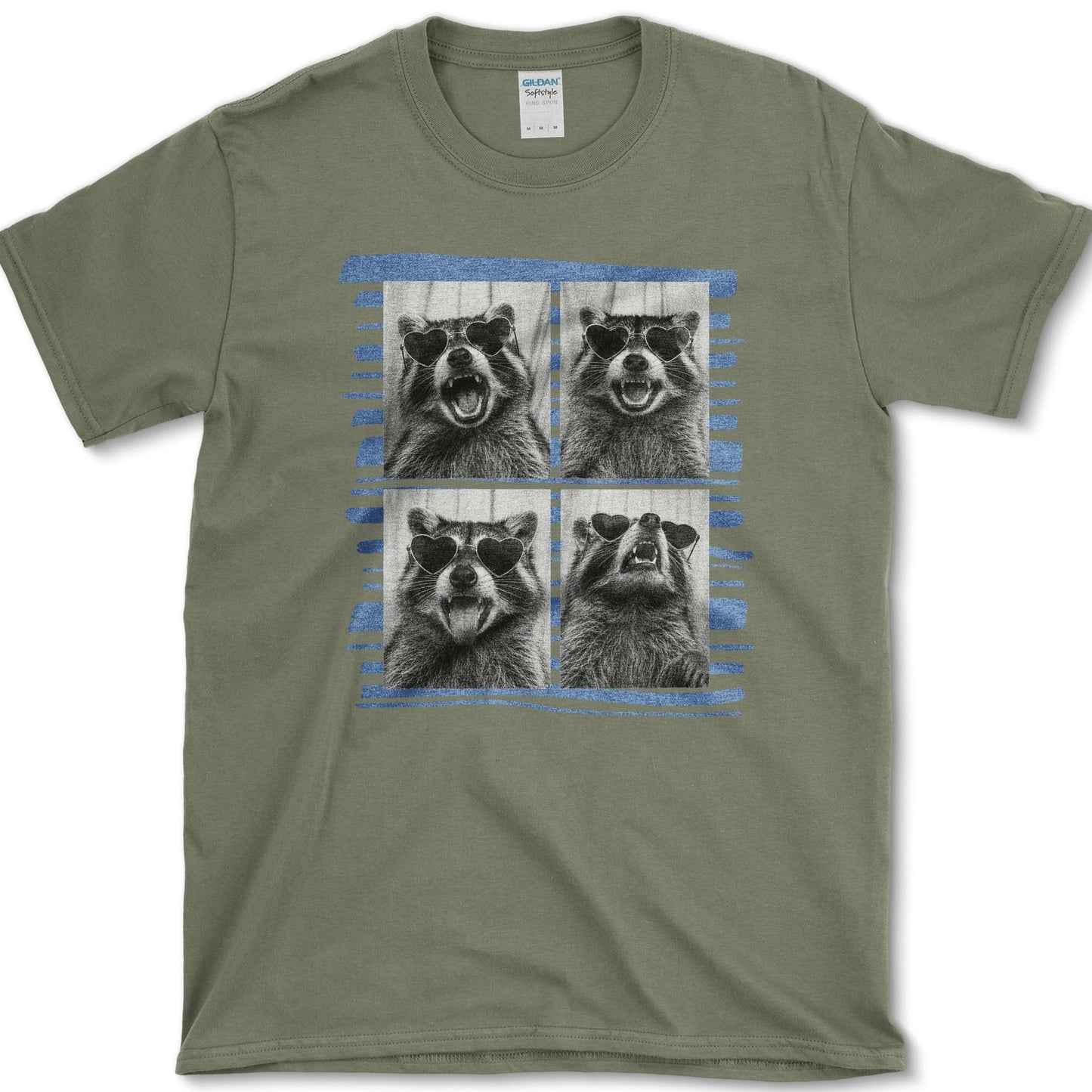Raccoon artwork featuring raccoon photo booth and raccoon and backyard wildlife on a t-shirt