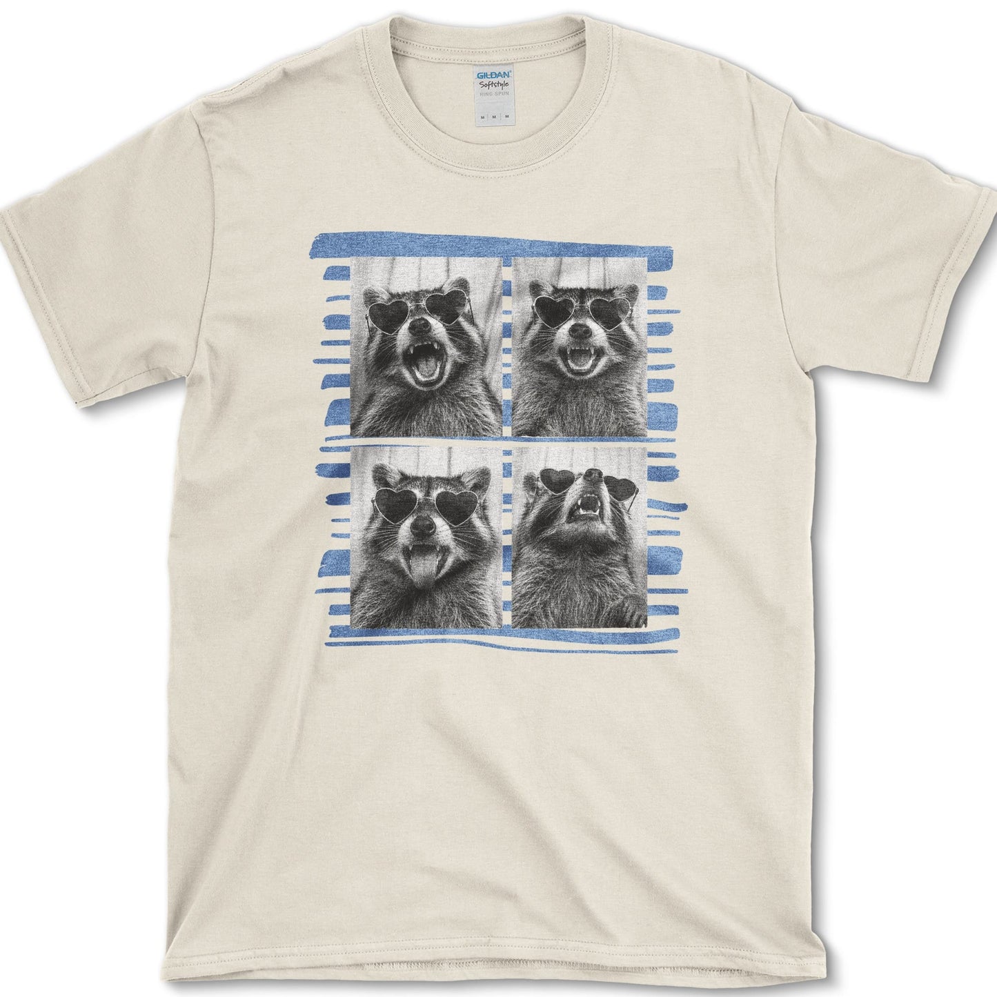 Raccoon artwork featuring raccoon photo booth and raccoon and backyard wildlife on a t-shirt