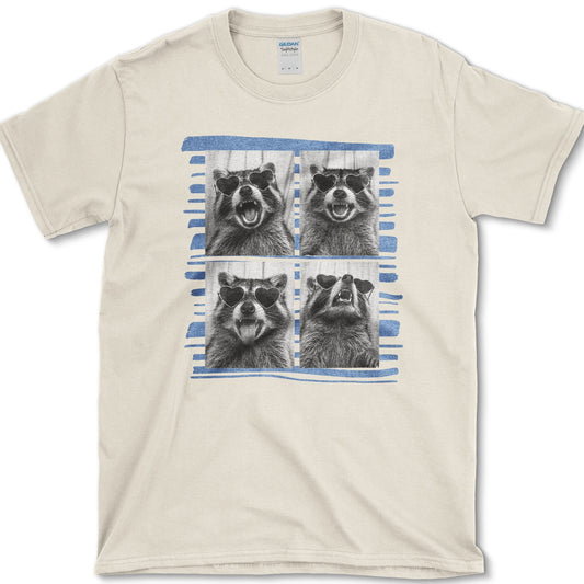 Raccoon artwork featuring raccoon photo booth and raccoon and backyard wildlife on a t-shirt