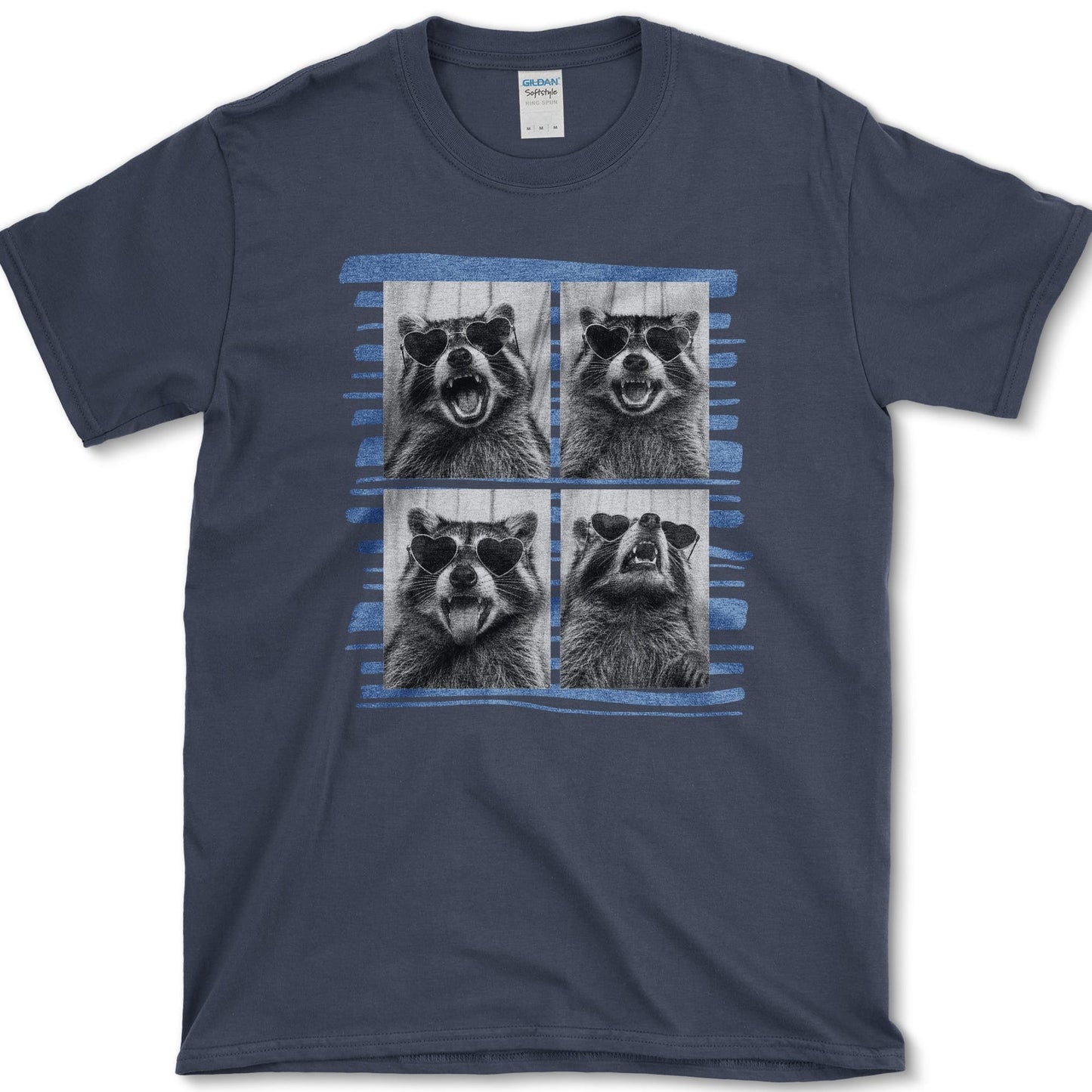 Raccoon artwork featuring raccoon photo booth and raccoon and backyard wildlife on a t-shirt
