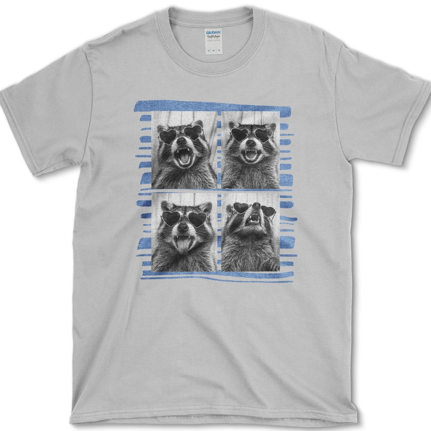 Raccoon artwork featuring raccoon photo booth and raccoon and backyard wildlife on a t-shirt