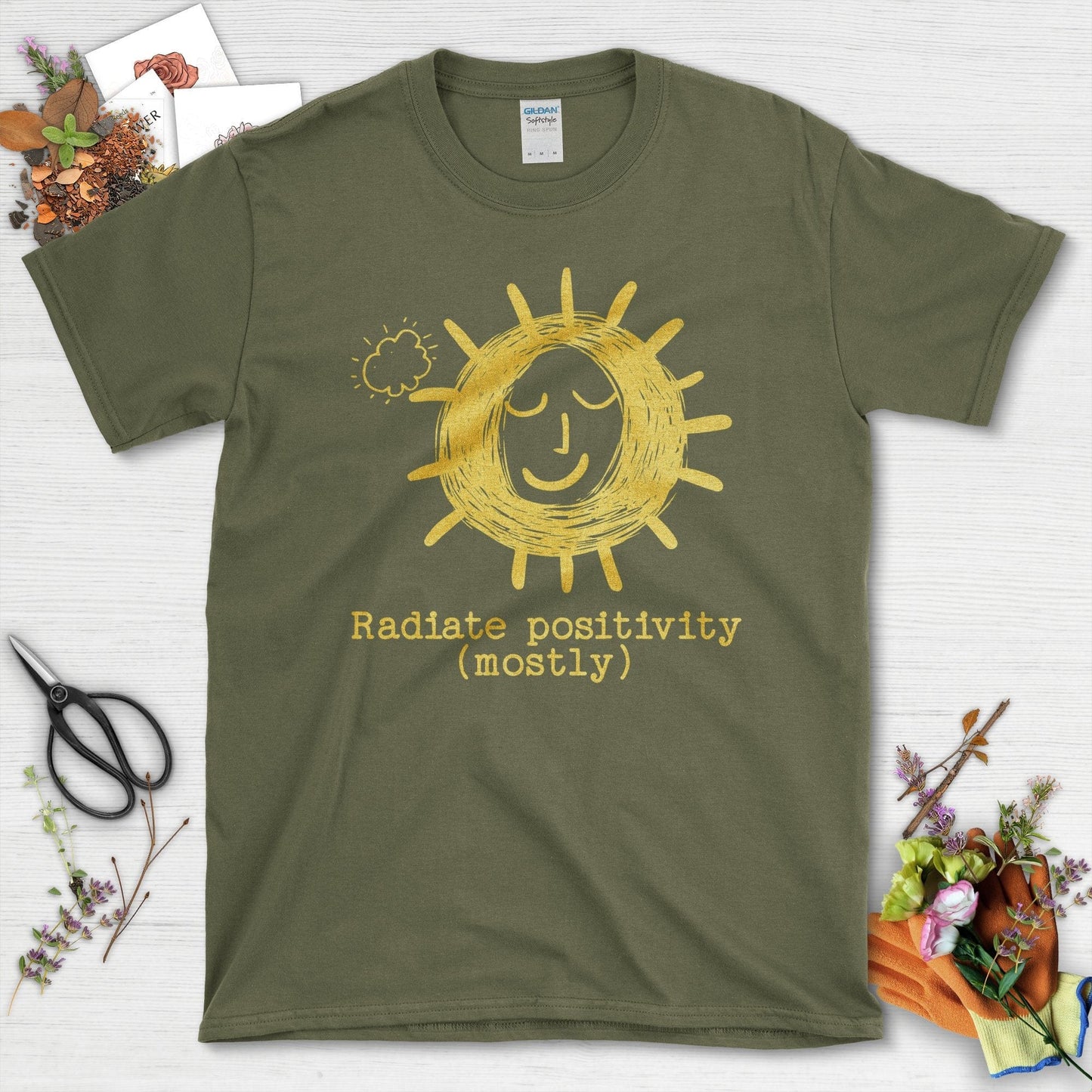 Radiate Positivity Mostly Graphic Illustration T-Shirt Military Green / S T-Shirt