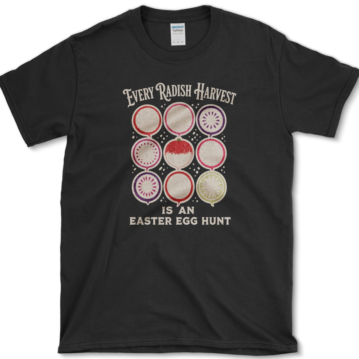 Nine colorful radish cross-sections with Every Radish Harvest Is an Easter Egg Hunt lettering