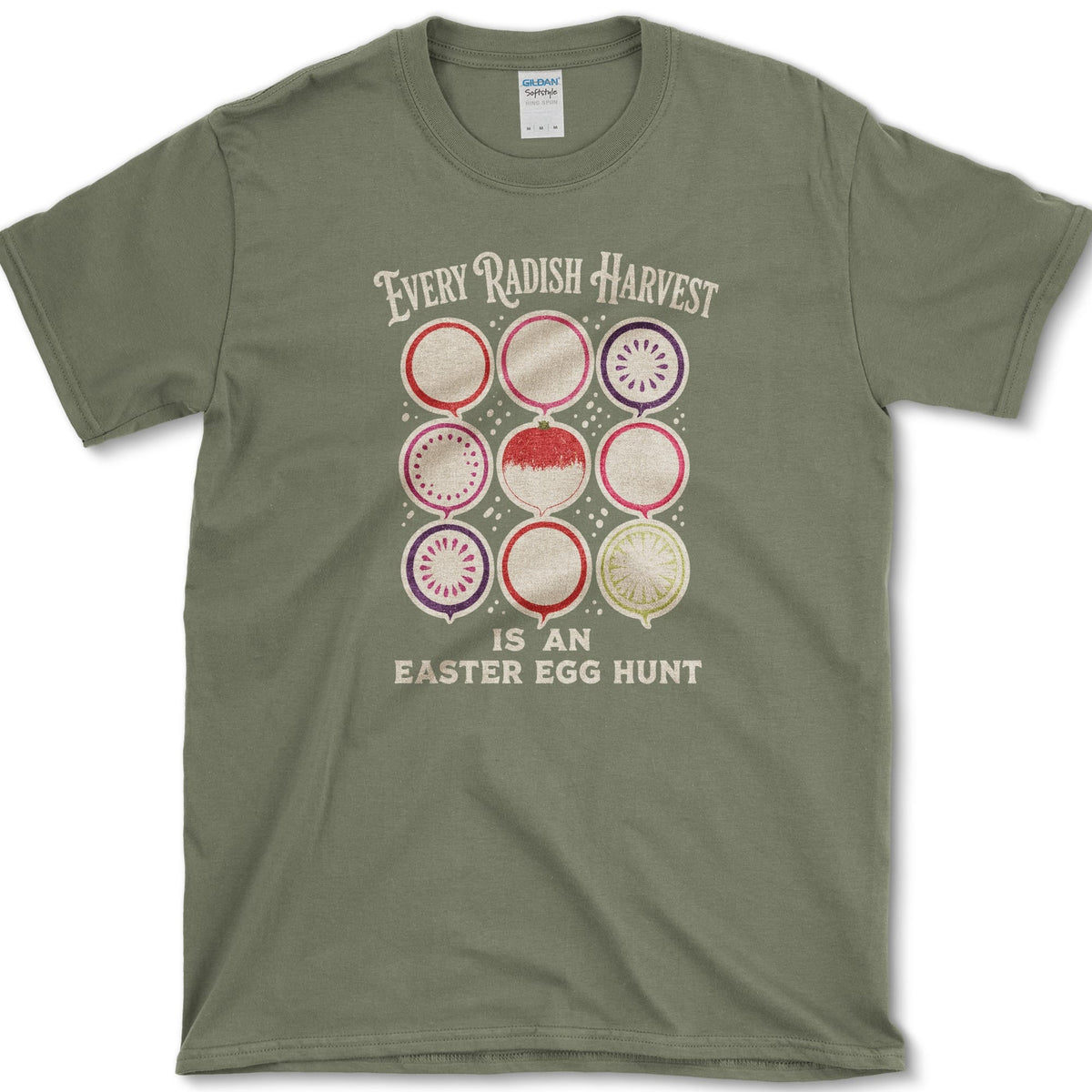 Nine colorful radish cross-sections with Every Radish Harvest Is an Easter Egg Hunt lettering