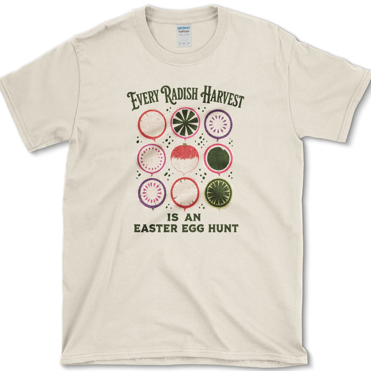 Nine colorful radish cross-sections with Every Radish Harvest Is an Easter Egg Hunt lettering