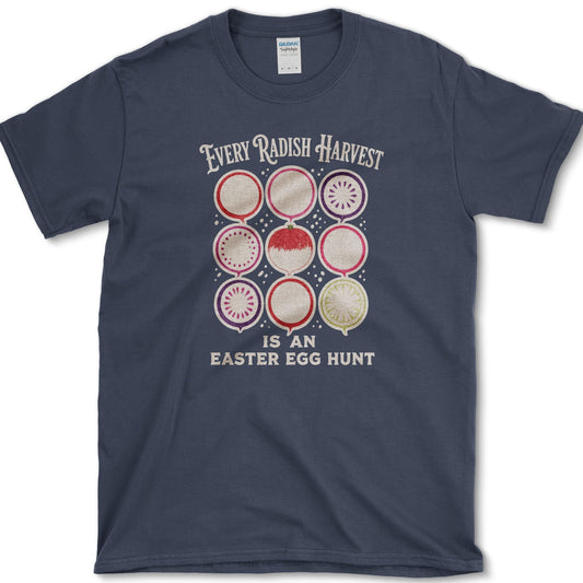 Nine colorful radish cross-sections with Every Radish Harvest Is an Easter Egg Hunt lettering