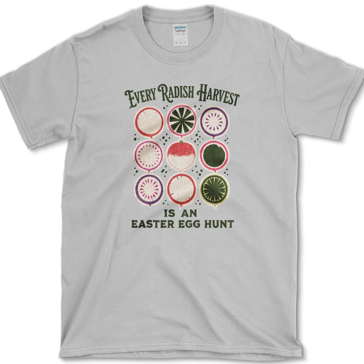 Nine colorful radish cross-sections with Every Radish Harvest Is an Easter Egg Hunt lettering