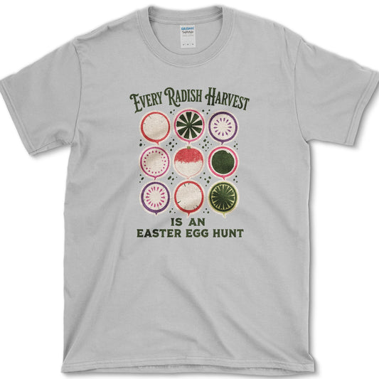 Nine colorful radish cross-sections with Every Radish Harvest Is an Easter Egg Hunt lettering