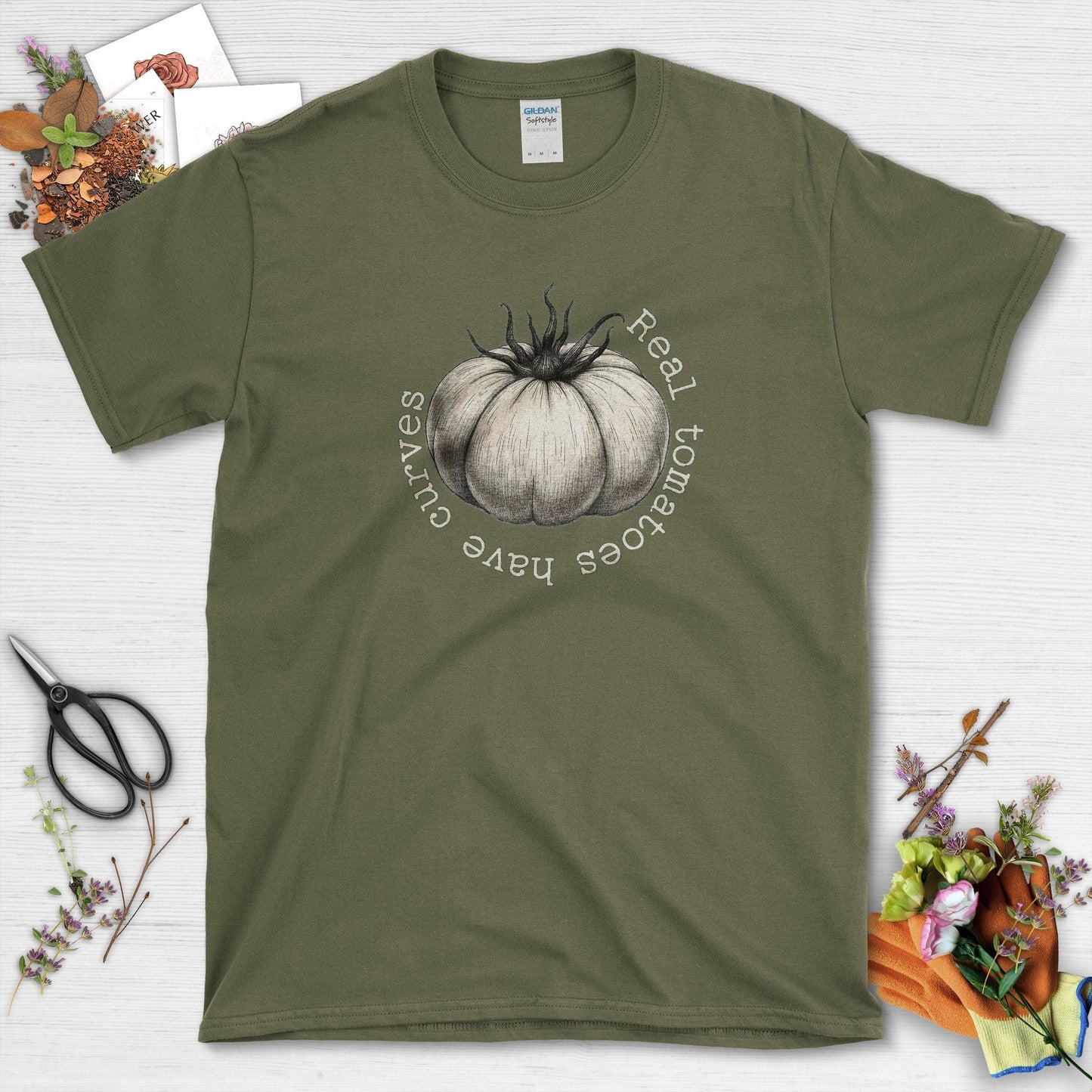 Real Tomatoes Have Curves T-Shirt Military Green / S / T-Shirts Physical Item