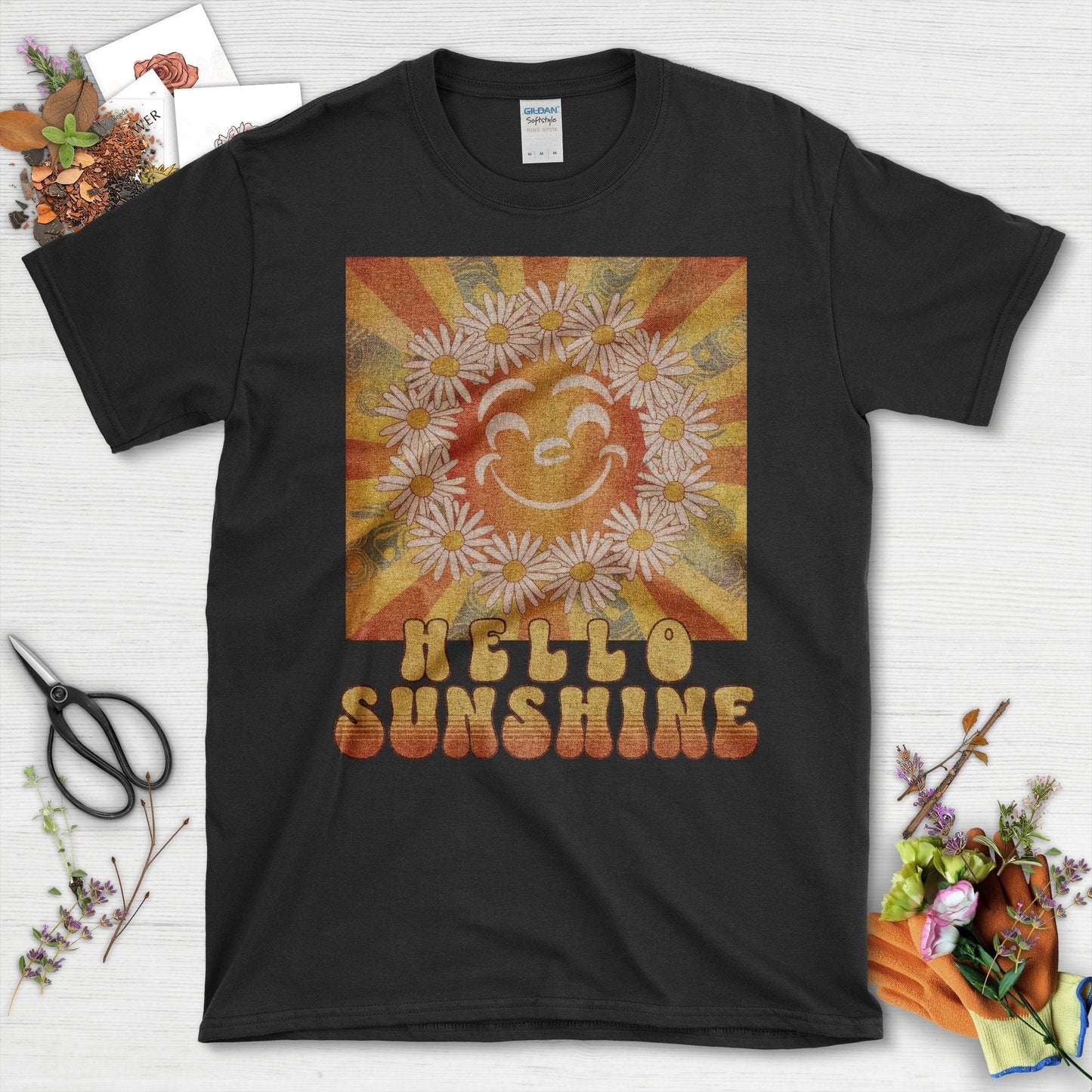 Retro Hello Sunshine Flower Graphic T-Shirt Black / S T-Shirt