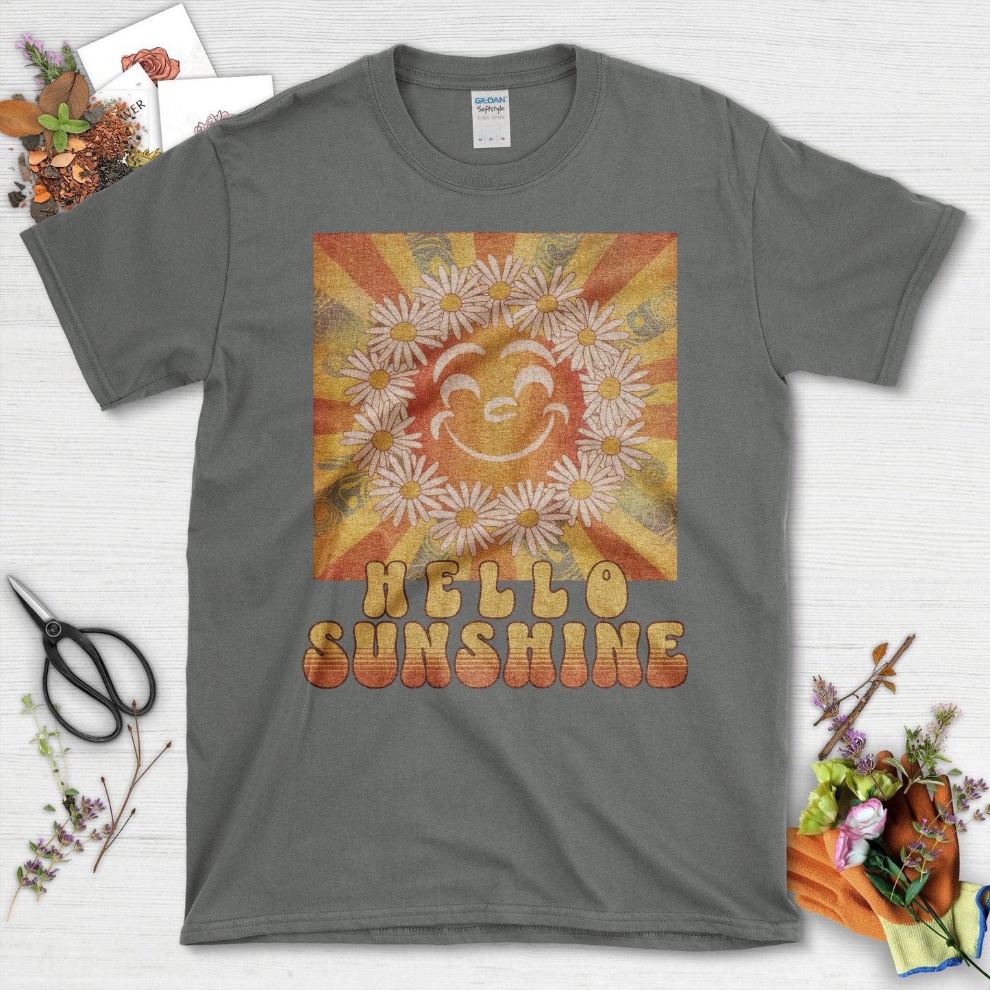 Retro Hello Sunshine Flower Graphic T-Shirt Charcoal / S T-Shirt