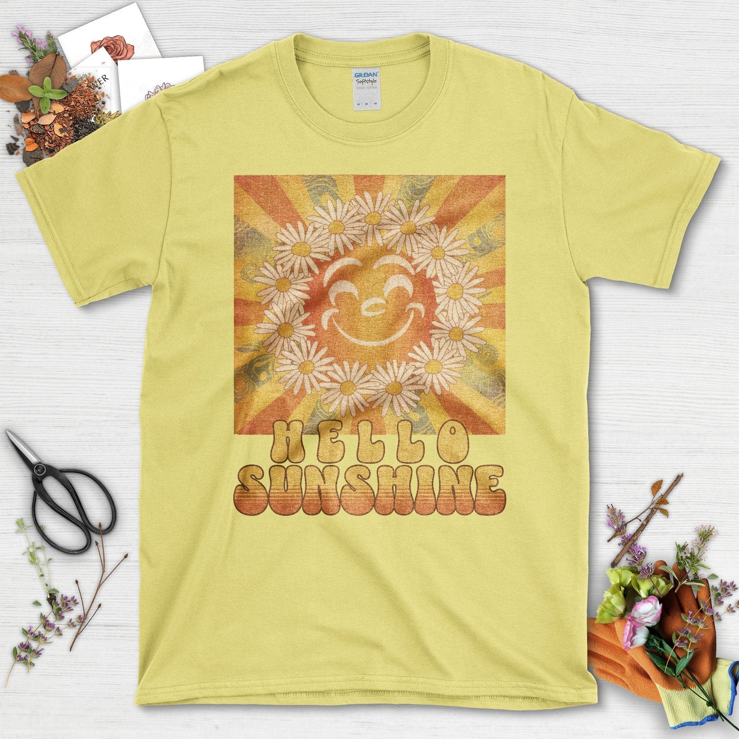 Retro Hello Sunshine Flower Graphic T-Shirt Cornsilk / S T-Shirt