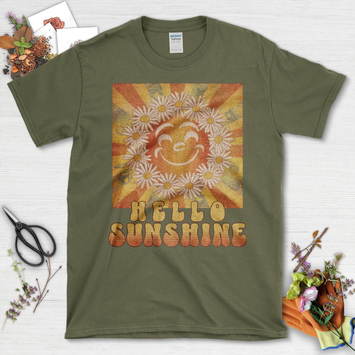 Retro Hello Sunshine Flower Graphic T-Shirt Military Green / S T-Shirt