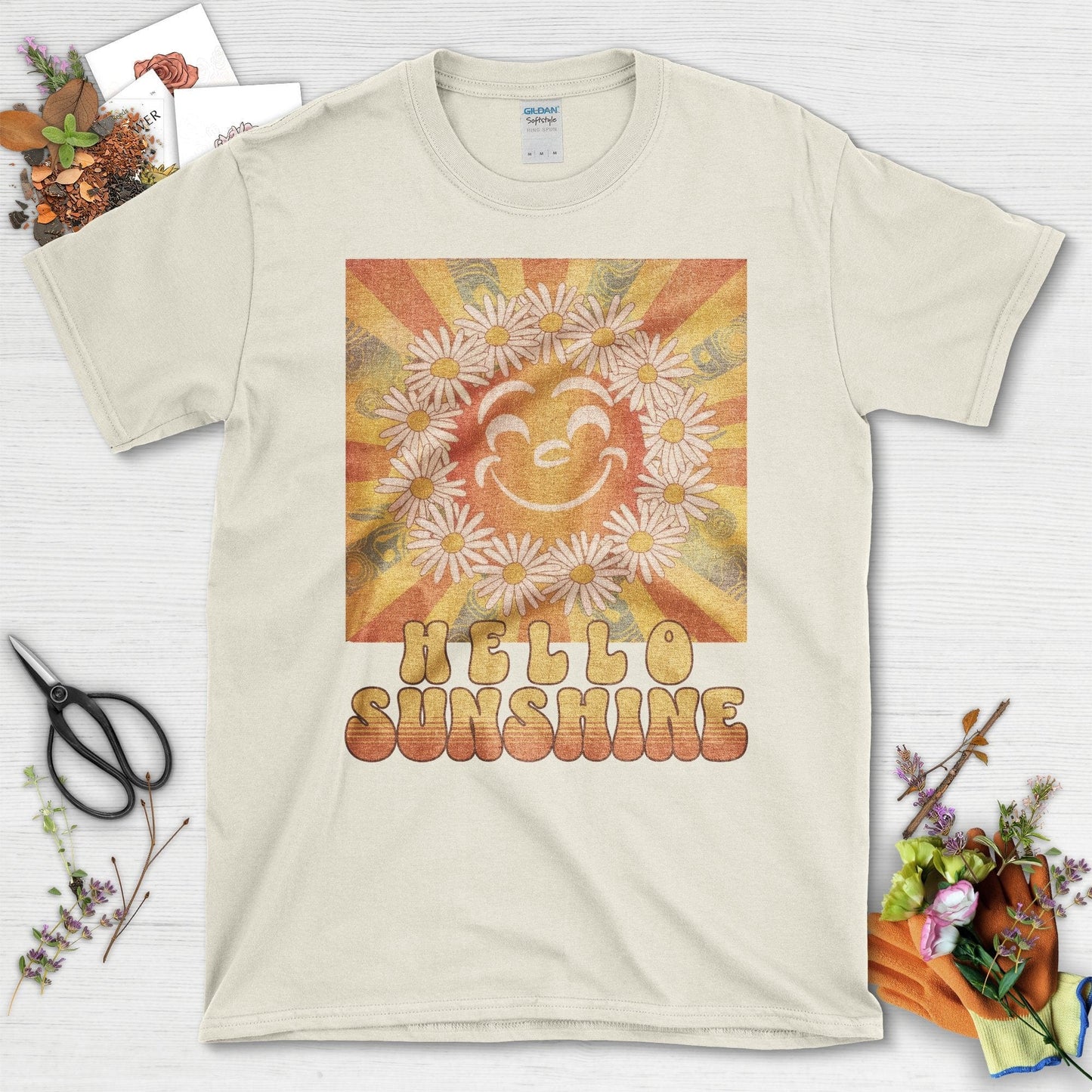 Retro Hello Sunshine Flower Graphic T-Shirt Natural / S T-Shirt