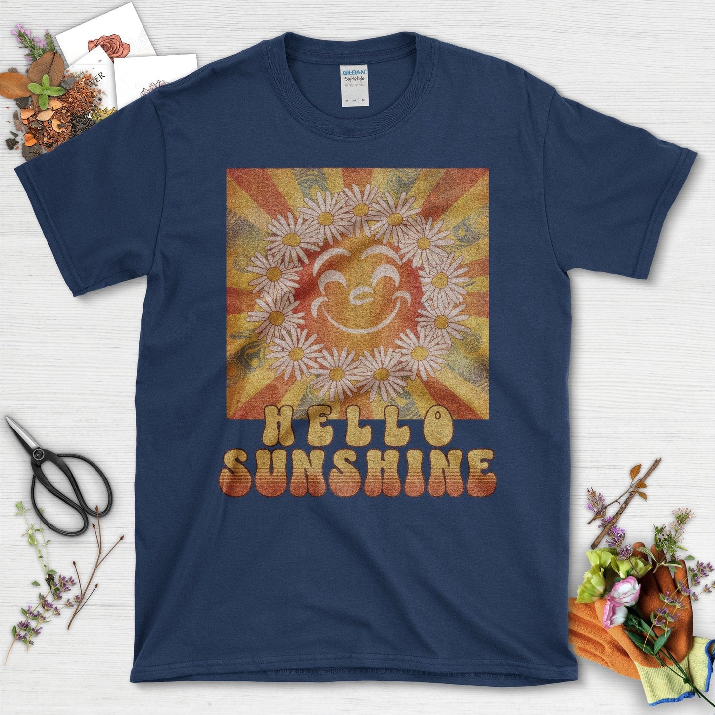 Retro Hello Sunshine Flower Graphic T-Shirt Navy / S T-Shirt