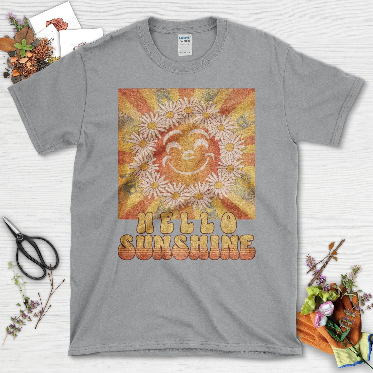 Retro Hello Sunshine Flower Graphic T-Shirt Sport Grey / S T-Shirt