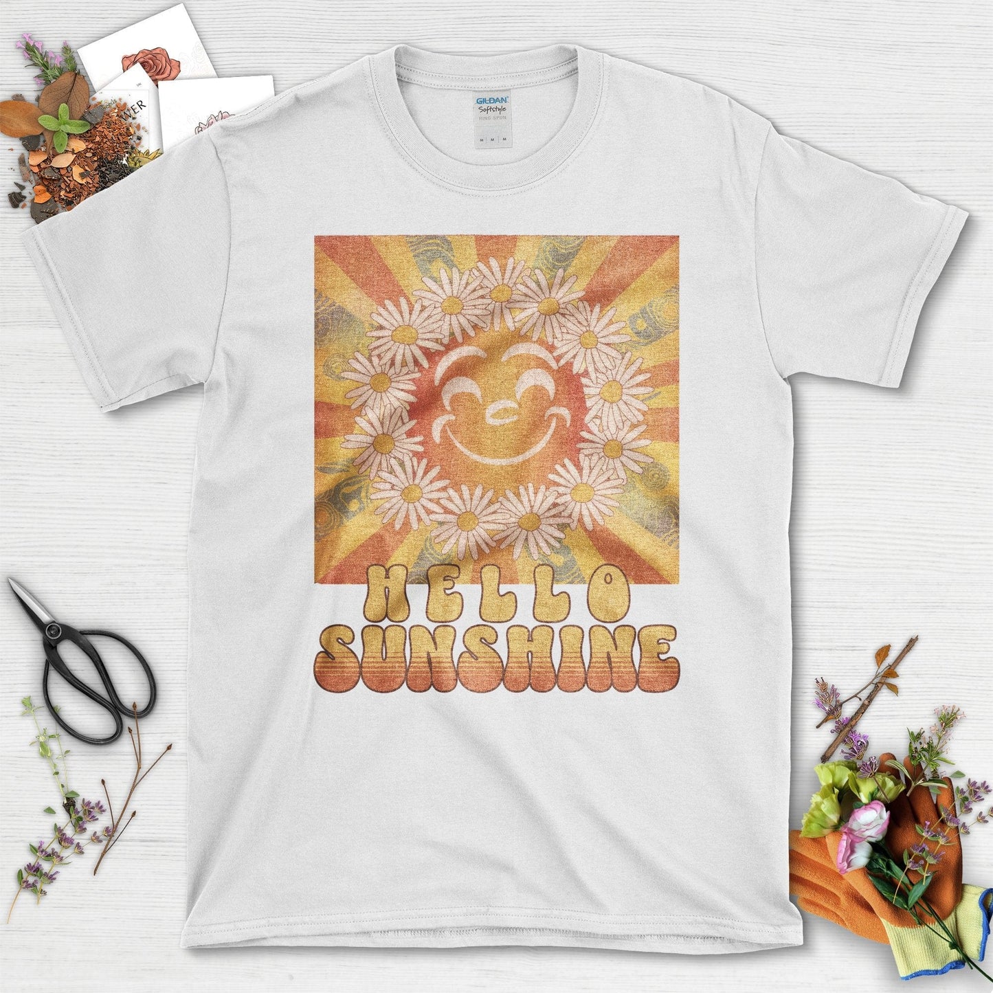 Retro Hello Sunshine Flower Graphic T-Shirt White / S T-Shirt