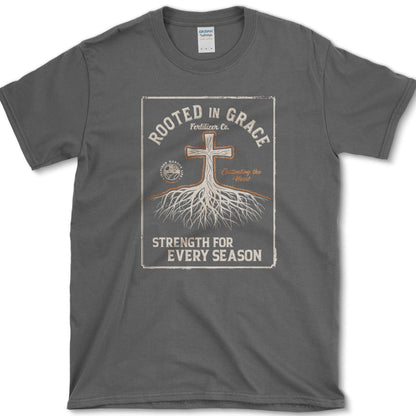Rooted in Grace T-Shirt Essential Tees / S / Dark Heather Physical Item