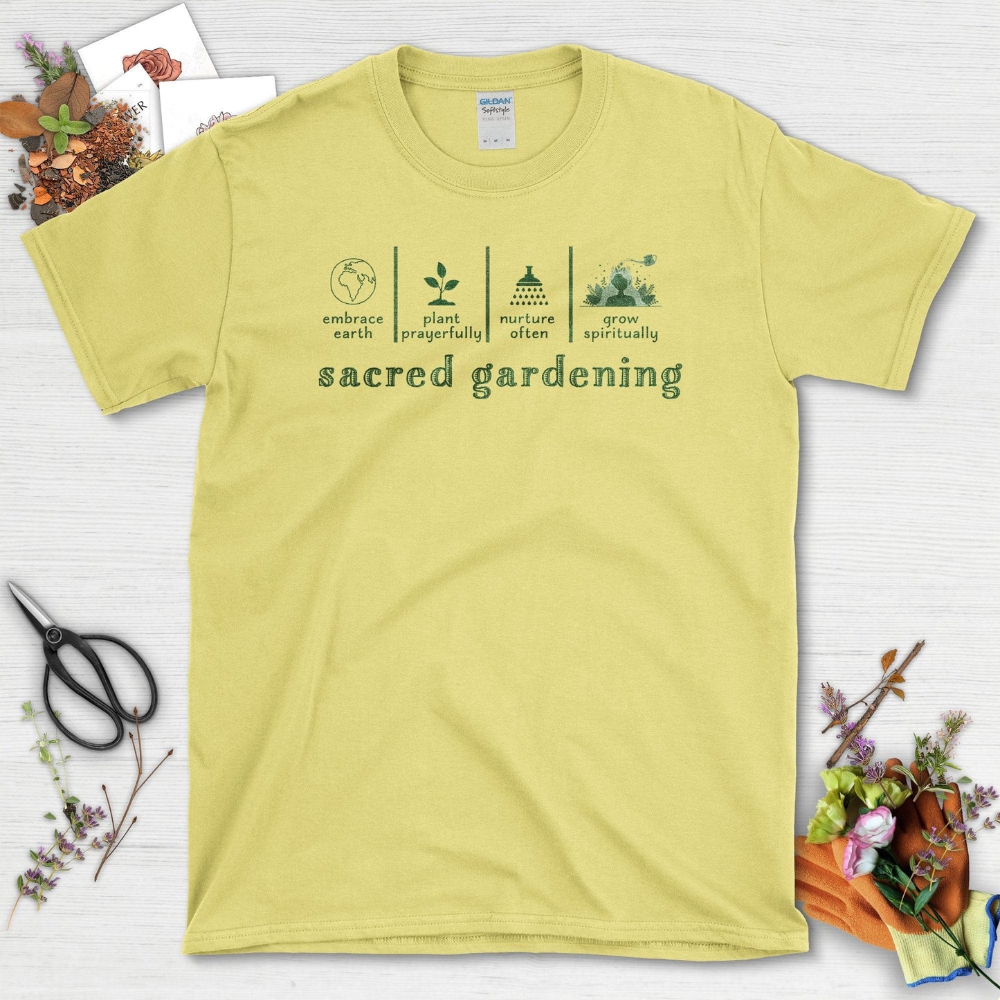 Sacred Gardening Embrace Earth Plant Water Grow T-Shirt Cornsilk / S T-Shirt