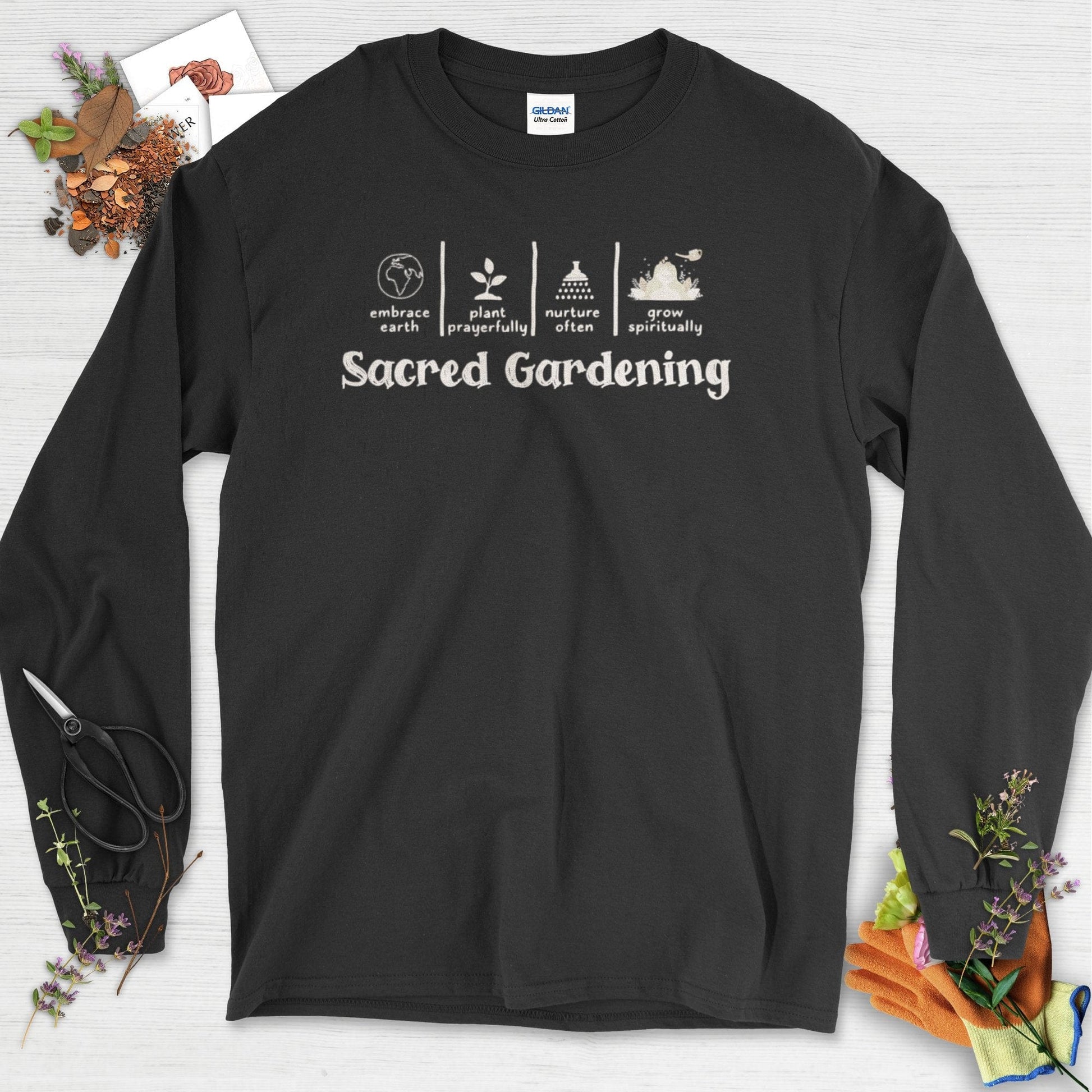 Sacred Gardening Plant Water Grow Long Sleeve Black / S T-Shirt