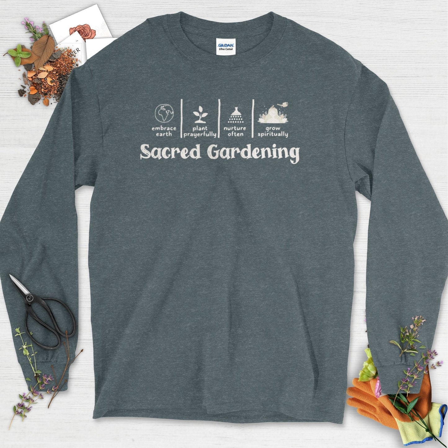 Sacred Gardening Plant Water Grow Long Sleeve Dark Heather / S T-Shirt