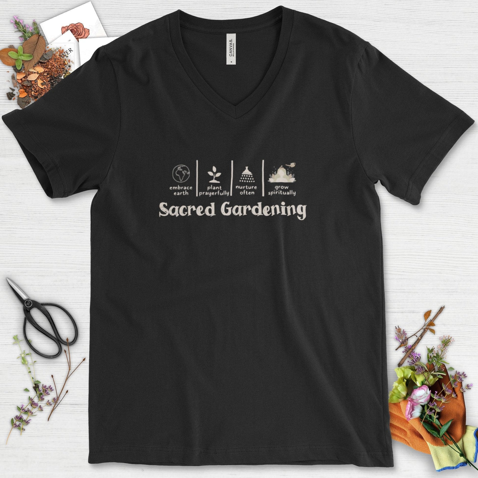 Sacred Gardening Plant Water Grow V-Neck Black / S T-Shirt