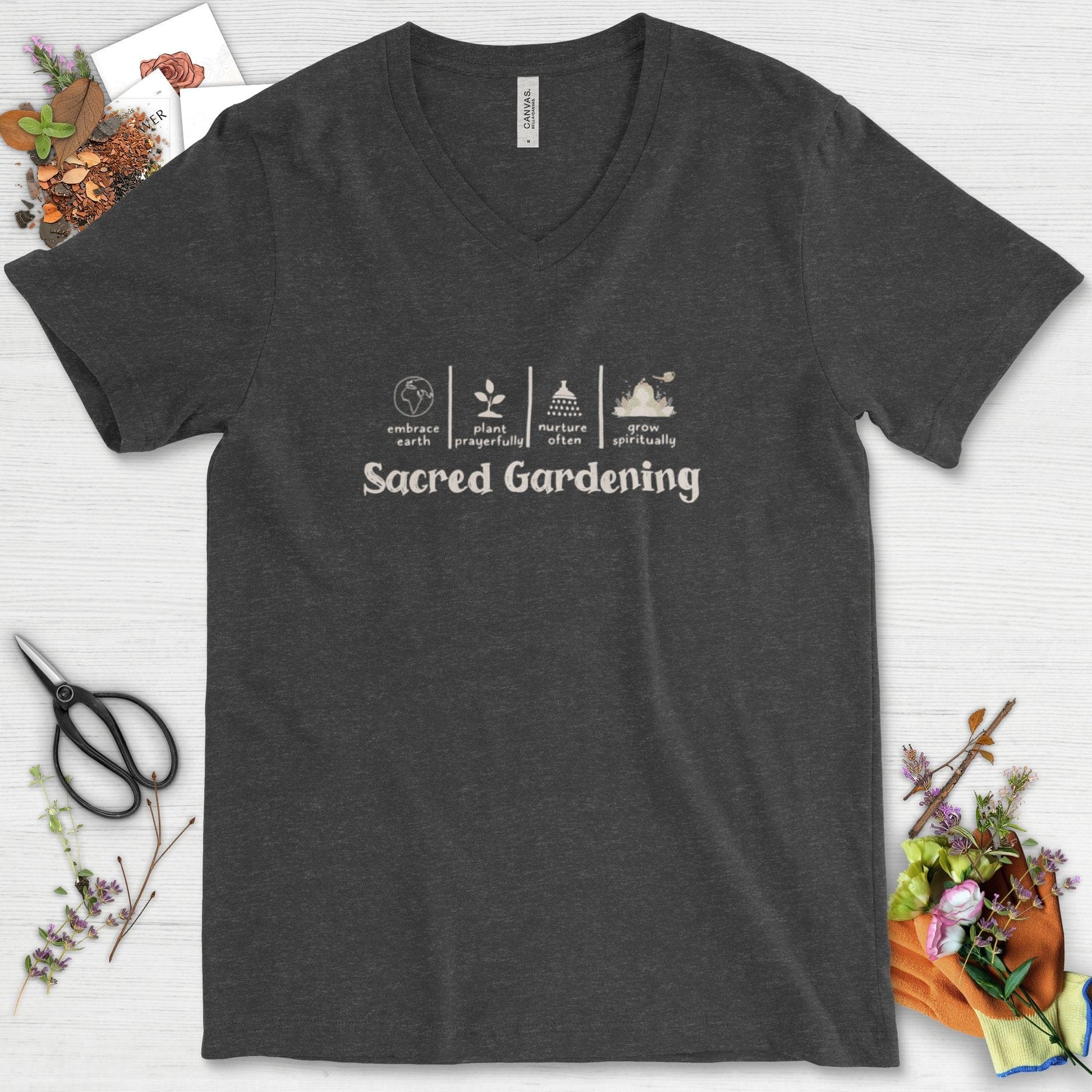 Sacred Gardening Plant Water Grow V-Neck Dark Grey Heather / S T-Shirt