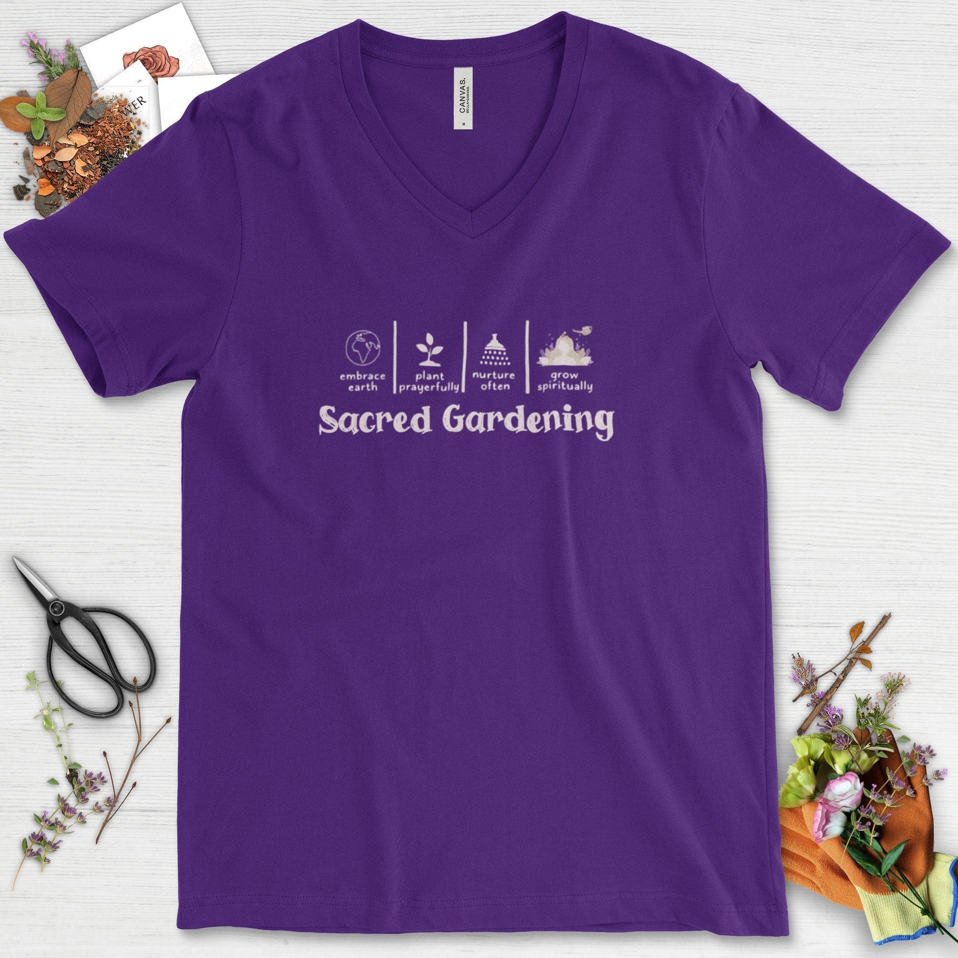 Sacred Gardening Plant Water Grow V-Neck Team Purple / S T-Shirt